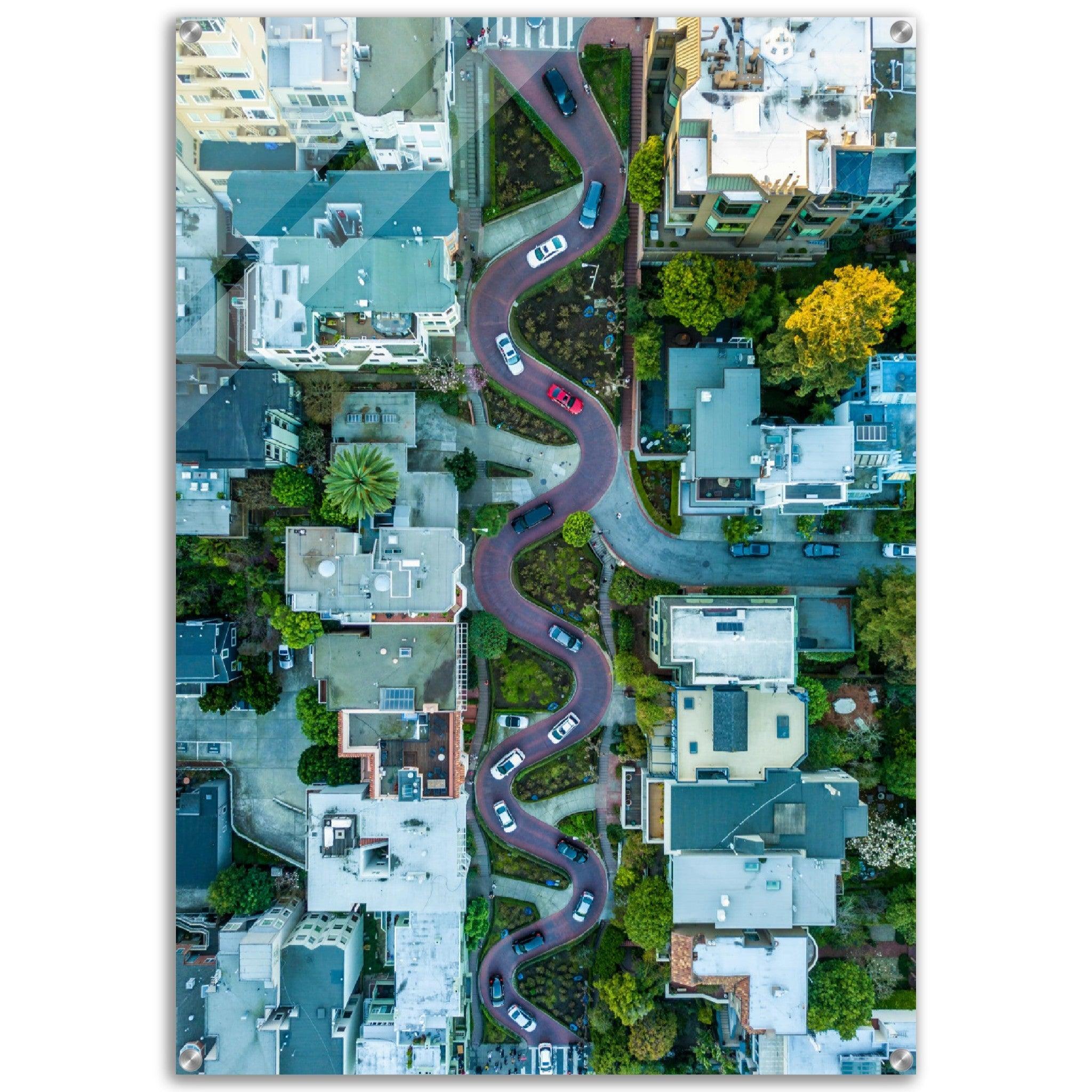 Aerial View: Iconic Lombard Street Acrylic Glass Wall Art - Wallfix