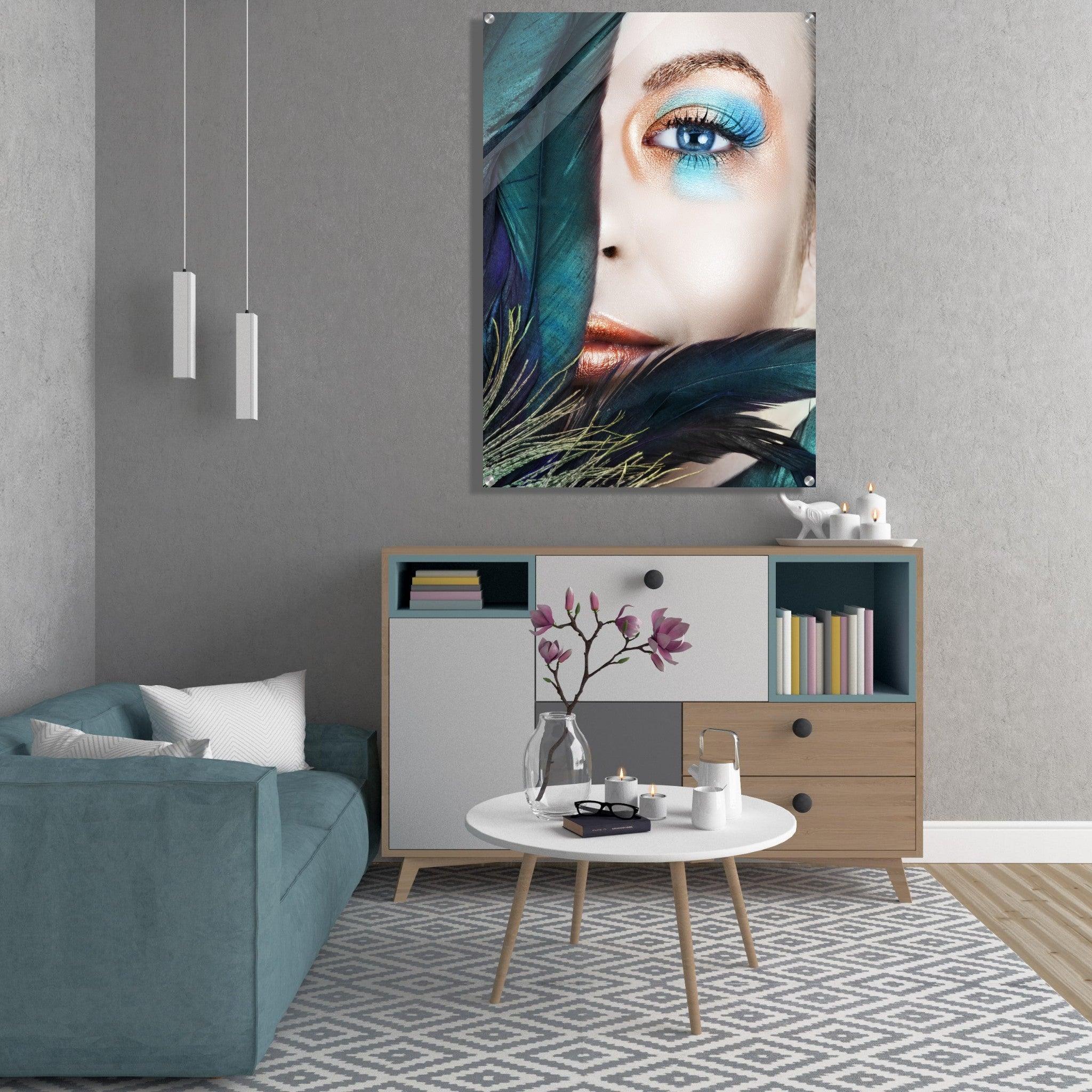 Azure Ambiance: Gilded Beauty Behind Feathers Acrylic Glass Wall Art - Wallfix