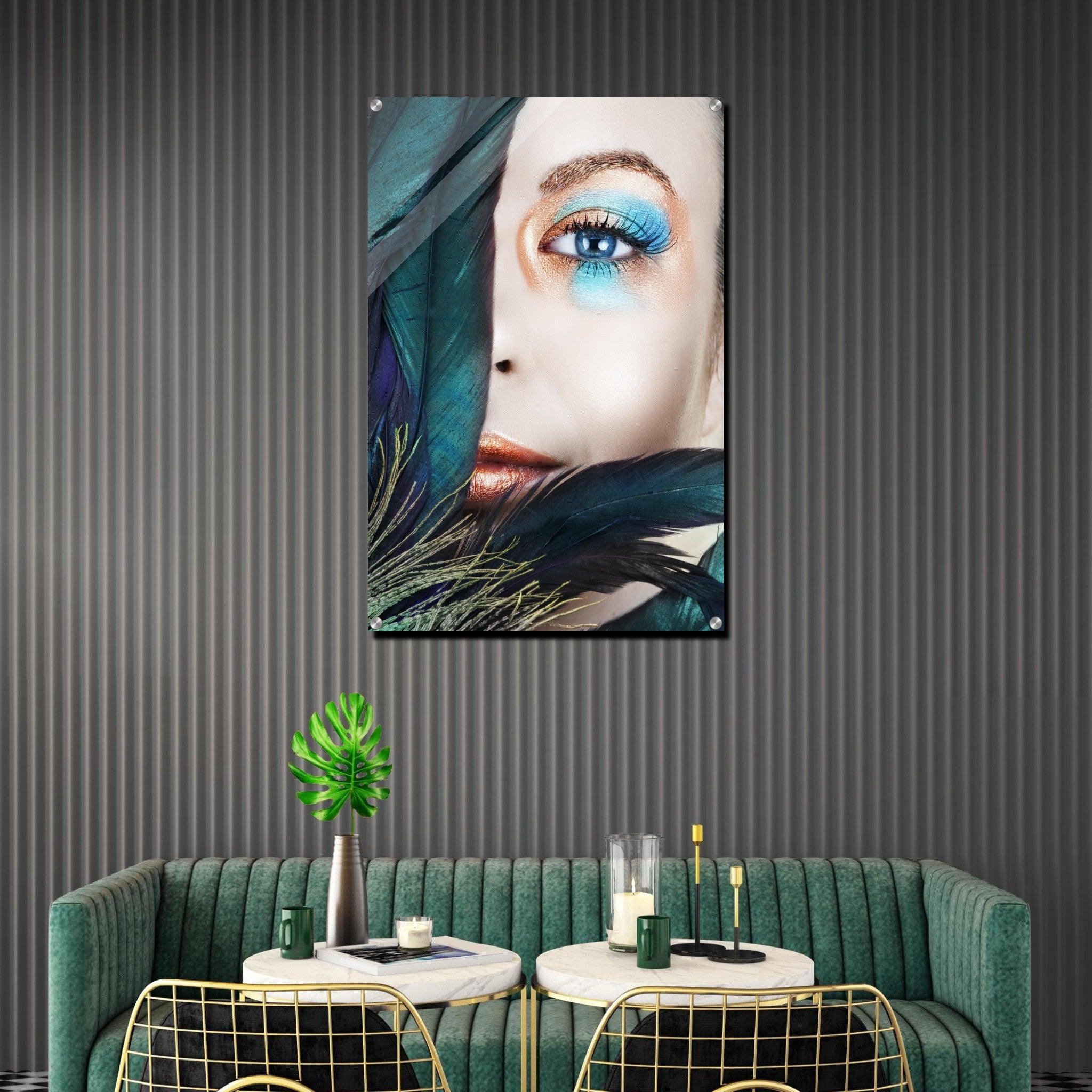 Azure Ambiance: Gilded Beauty Behind Feathers Acrylic Glass Wall Art - Wallfix