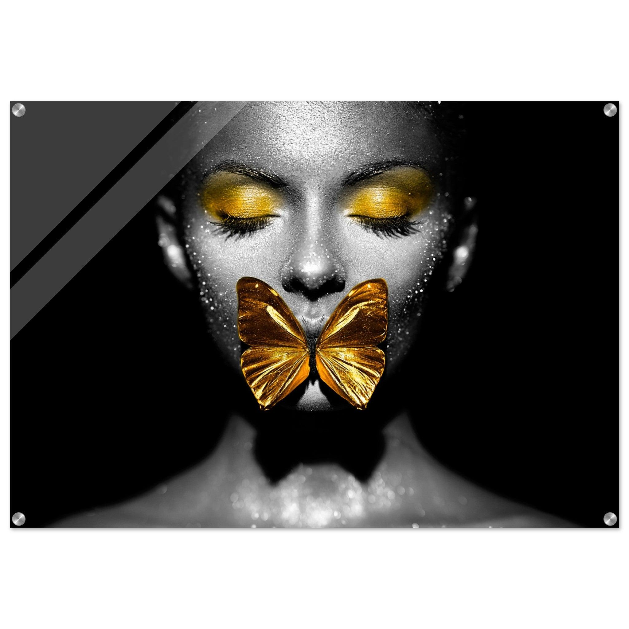 Butterfly Elegance: Glittering Portrait Acrylic Glass Wall Art - Wallfix