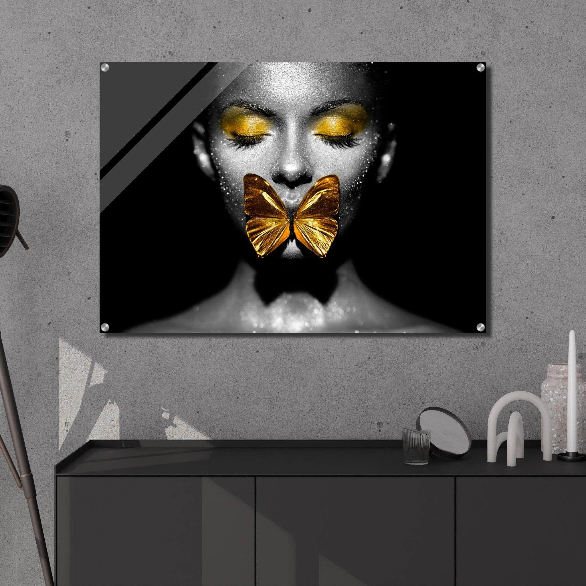 Butterfly Elegance: Glittering Portrait Acrylic Glass Wall Art - Wallfix