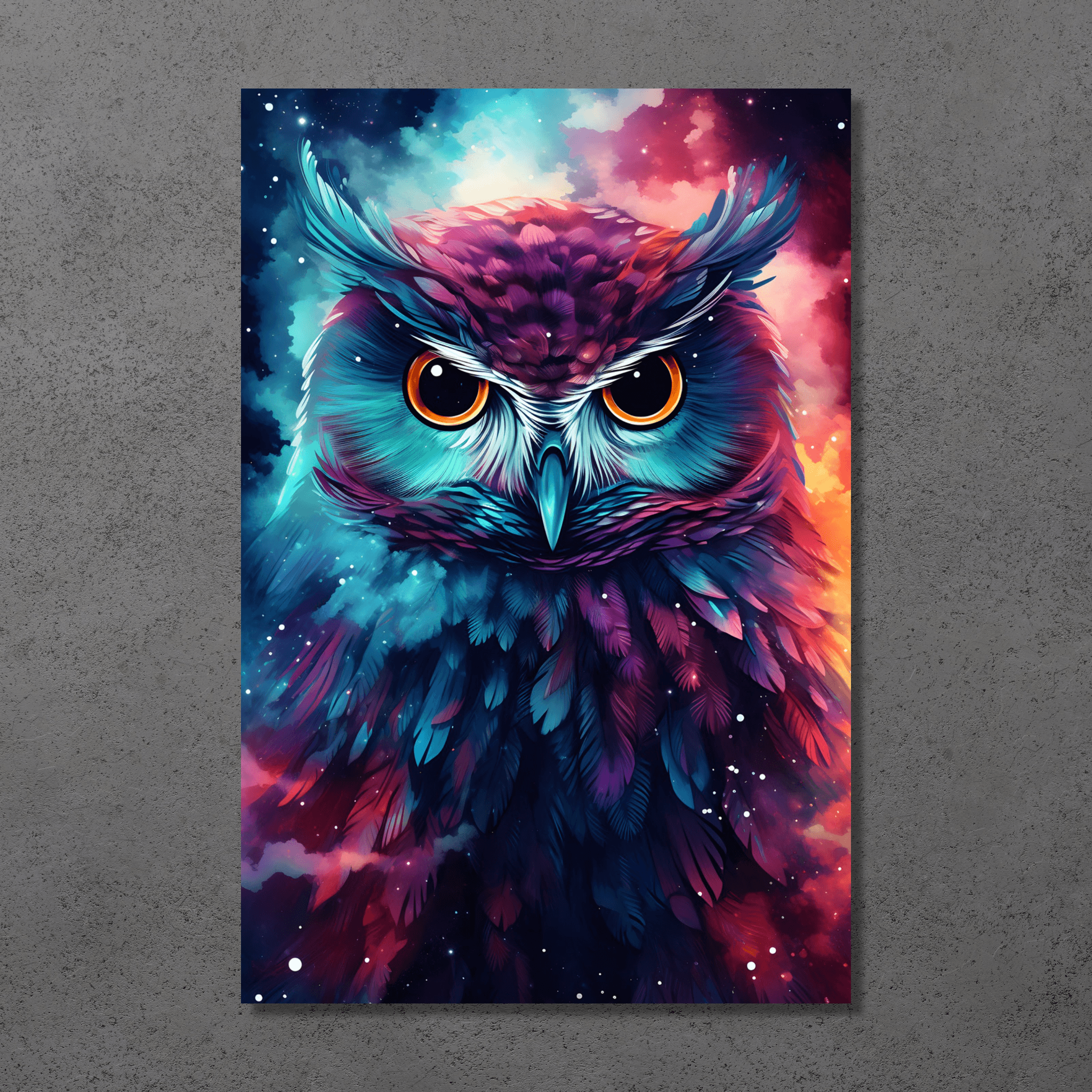 Celestial Guardian: Whimsical Owl and Galactic Universe Metal Poster - Wallfix