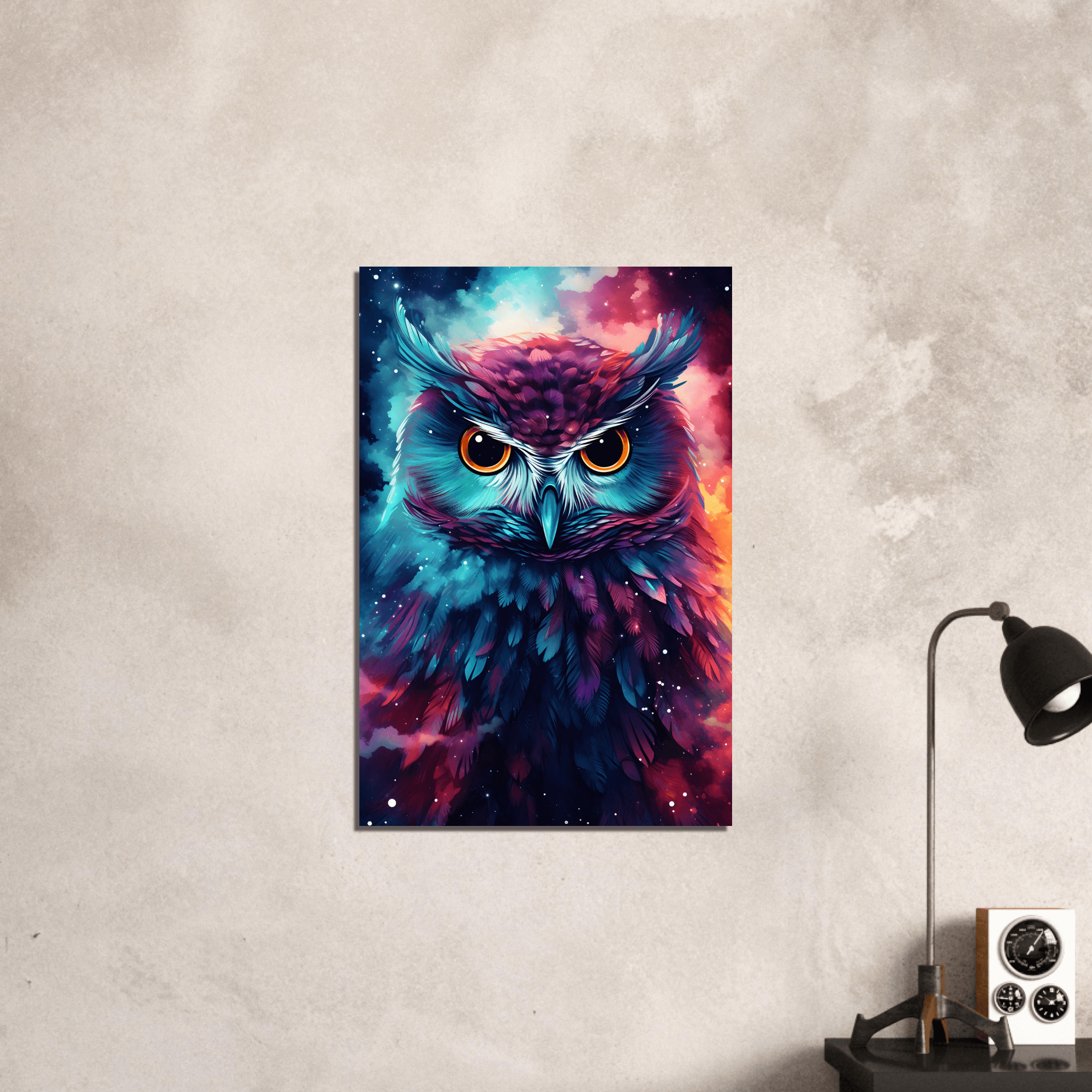 Celestial Guardian: Whimsical Owl and Galactic Universe Metal Poster - Wallfix