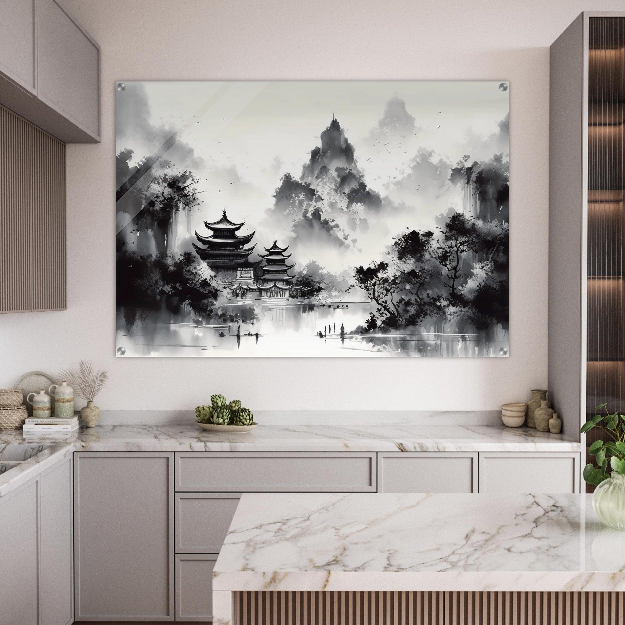 Chinese Ink: Oriental Pagoda Landscape Painting Acrylic Glass Wall Art - Wallfix