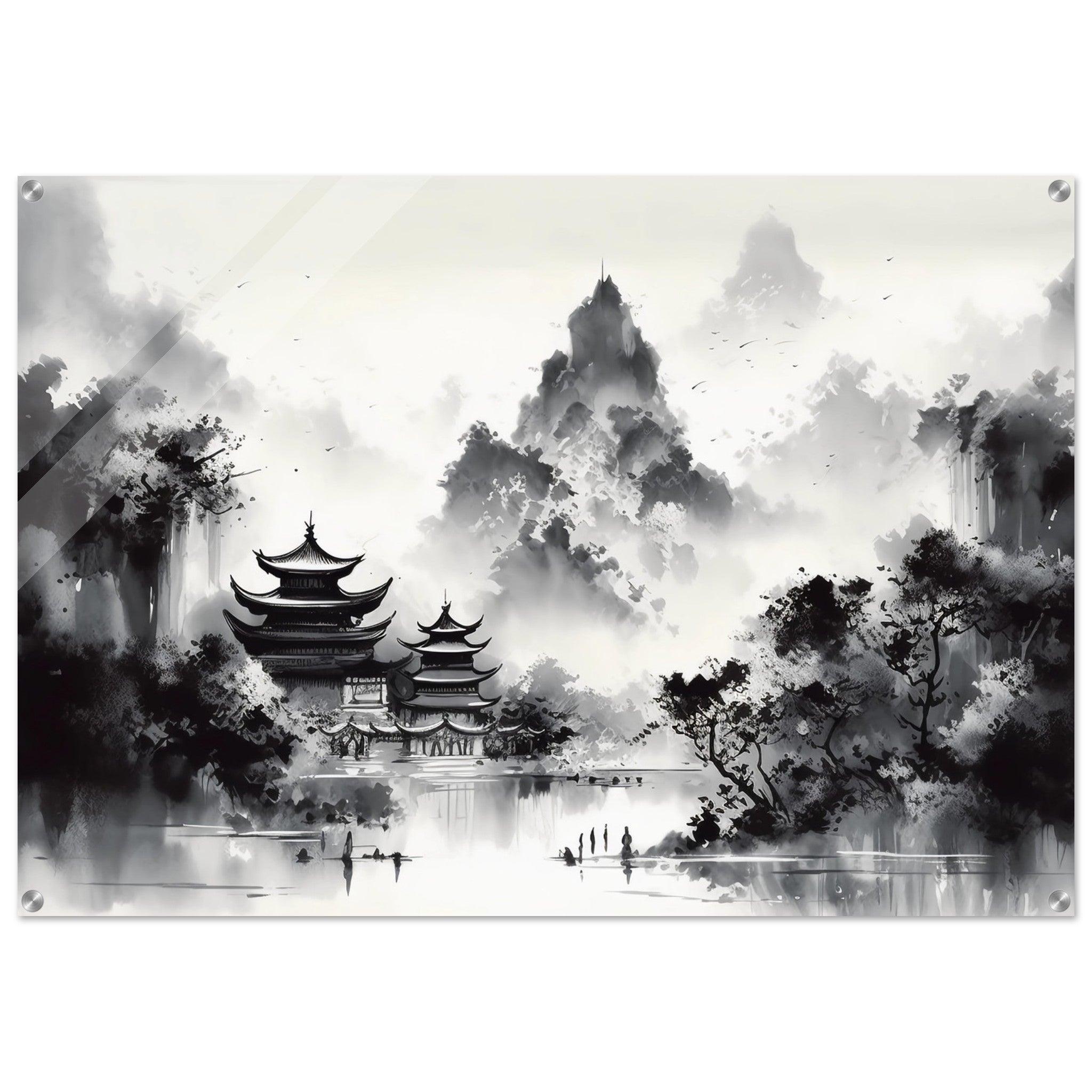 Chinese Ink: Oriental Pagoda Landscape Painting Acrylic Glass Wall Art - Wallfix
