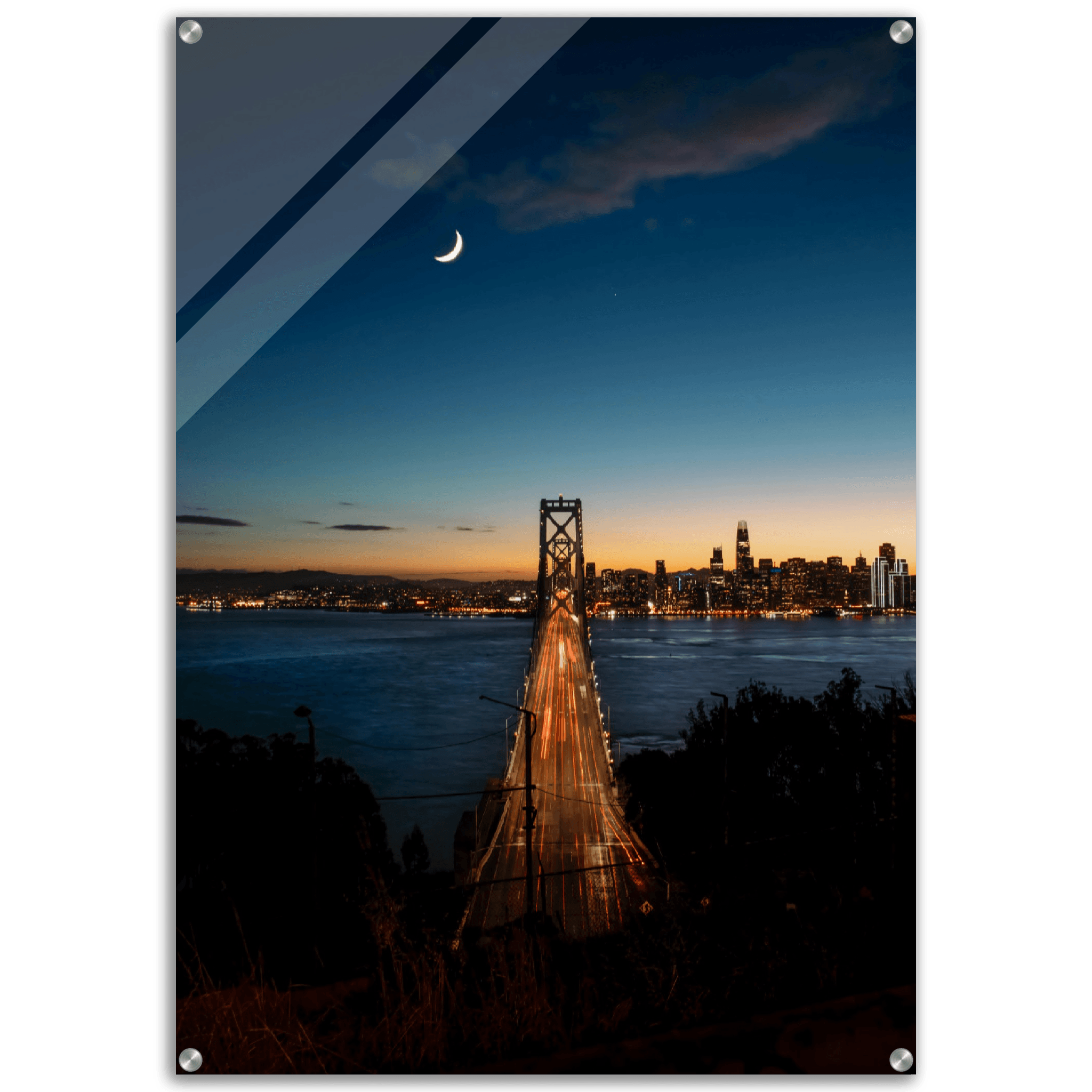 City Lights: Moon Over Bay Bridge Acrylic Glass Wall Art - Wallfix