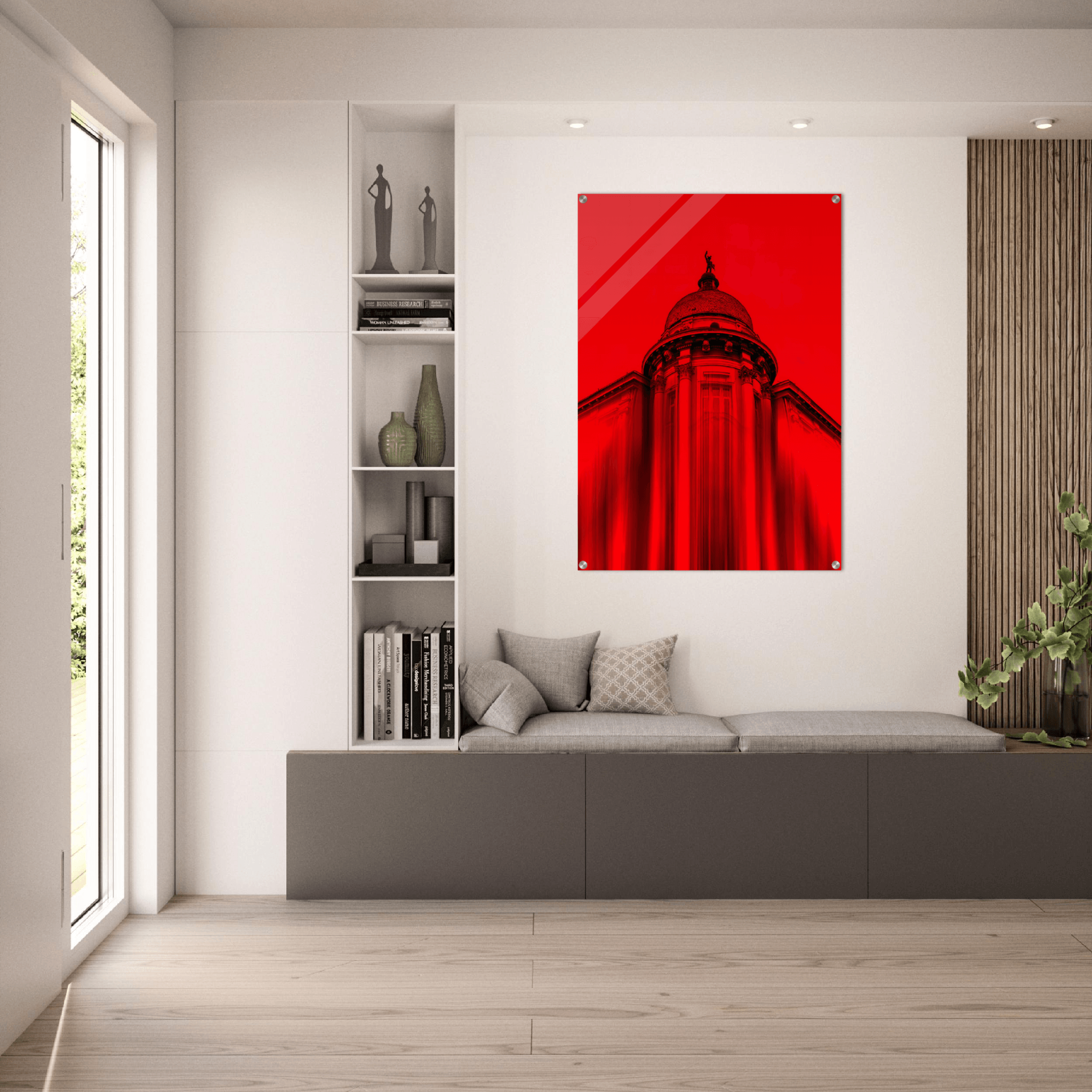 Crimson Sanctuary: Vibrant Red Church Acrylic Glass Wall Art - Wallfix