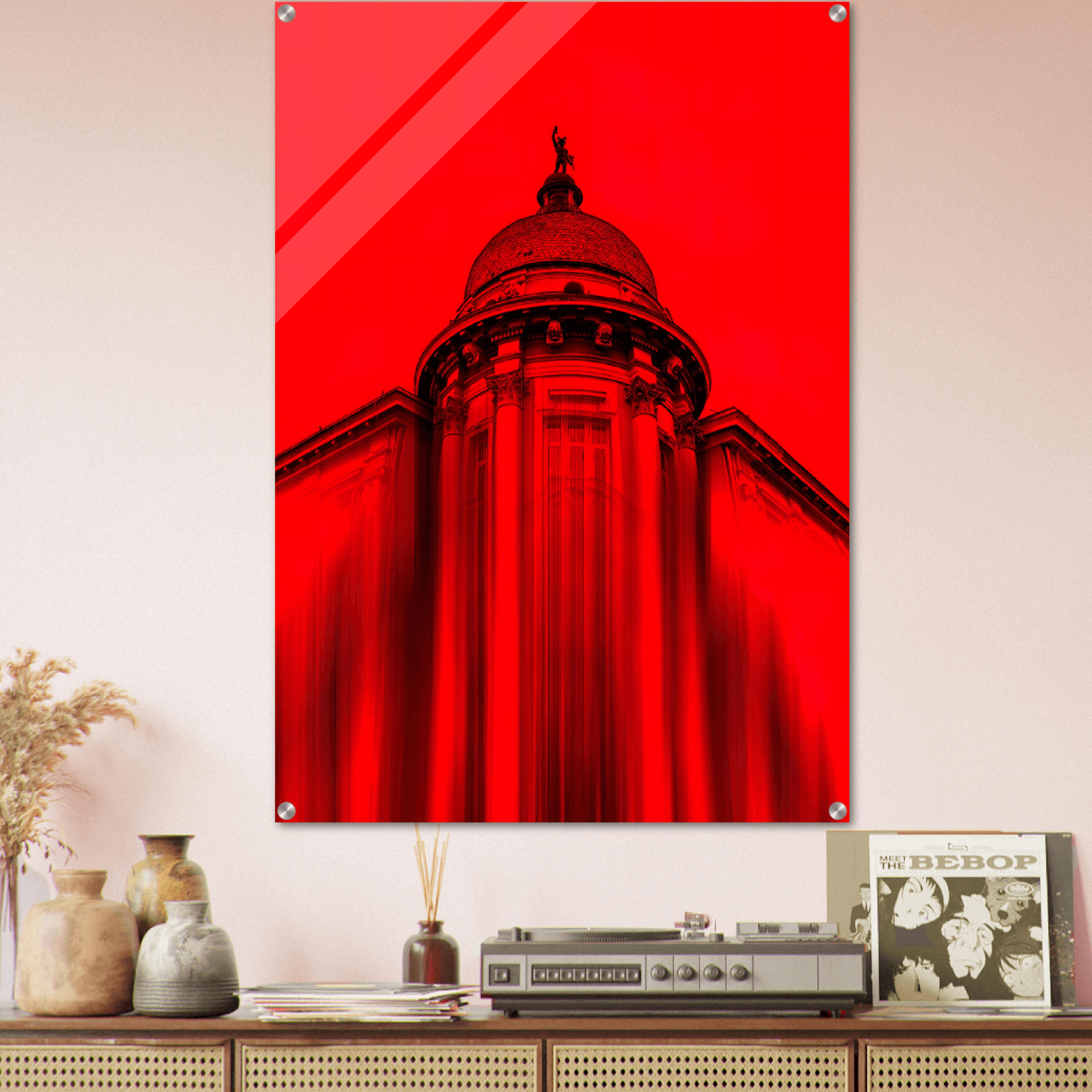 Crimson Sanctuary: Vibrant Red Church Acrylic Glass Wall Art - Wallfix