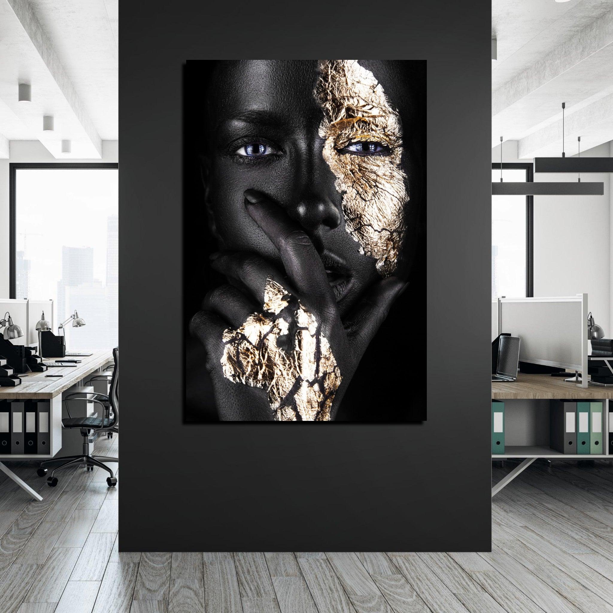 Divine Contrast: Gold-Adorned Black Beauty Metal Wall Art - Wallfix