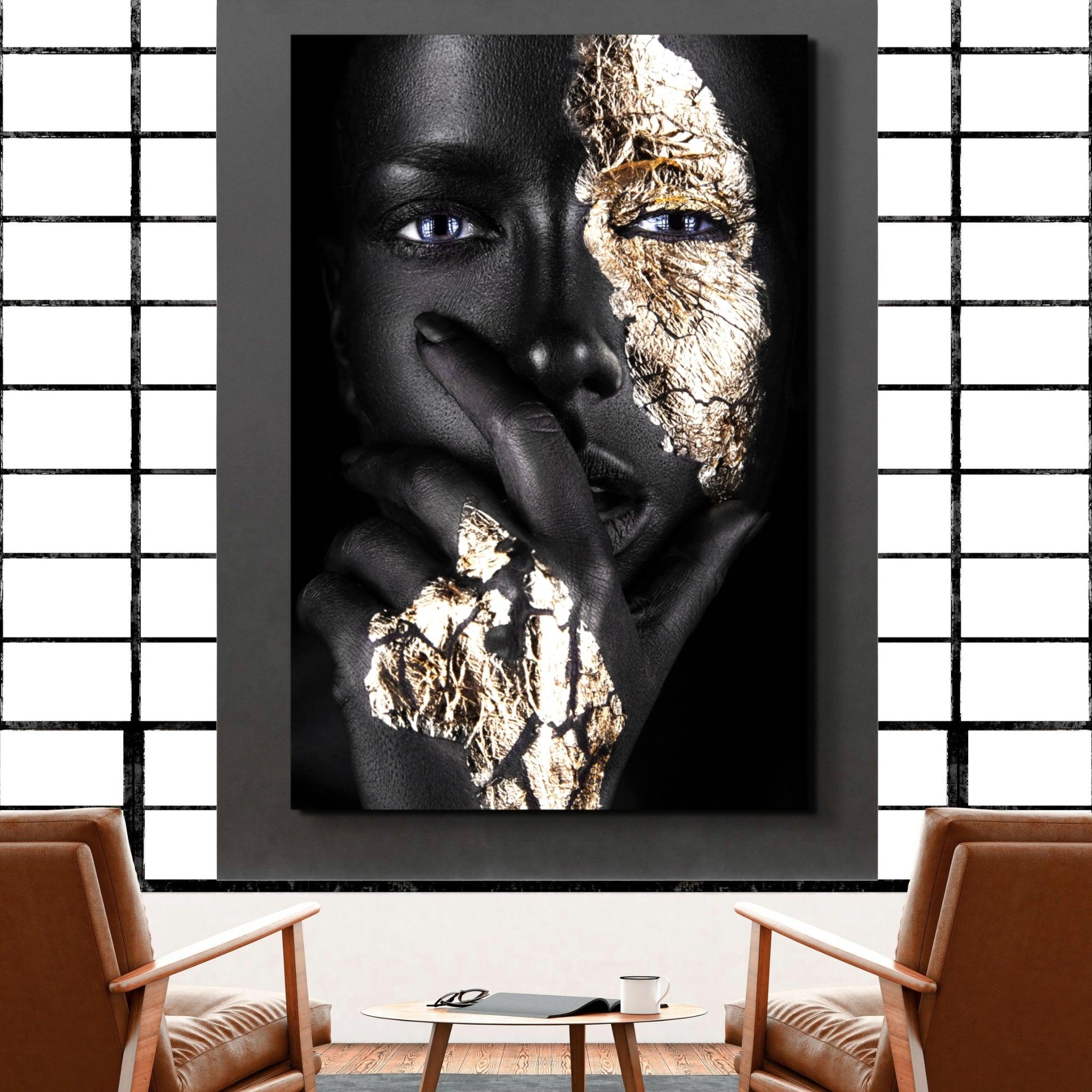 Divine Contrast: Gold-Adorned Black Beauty Metal Wall Art - Wallfix