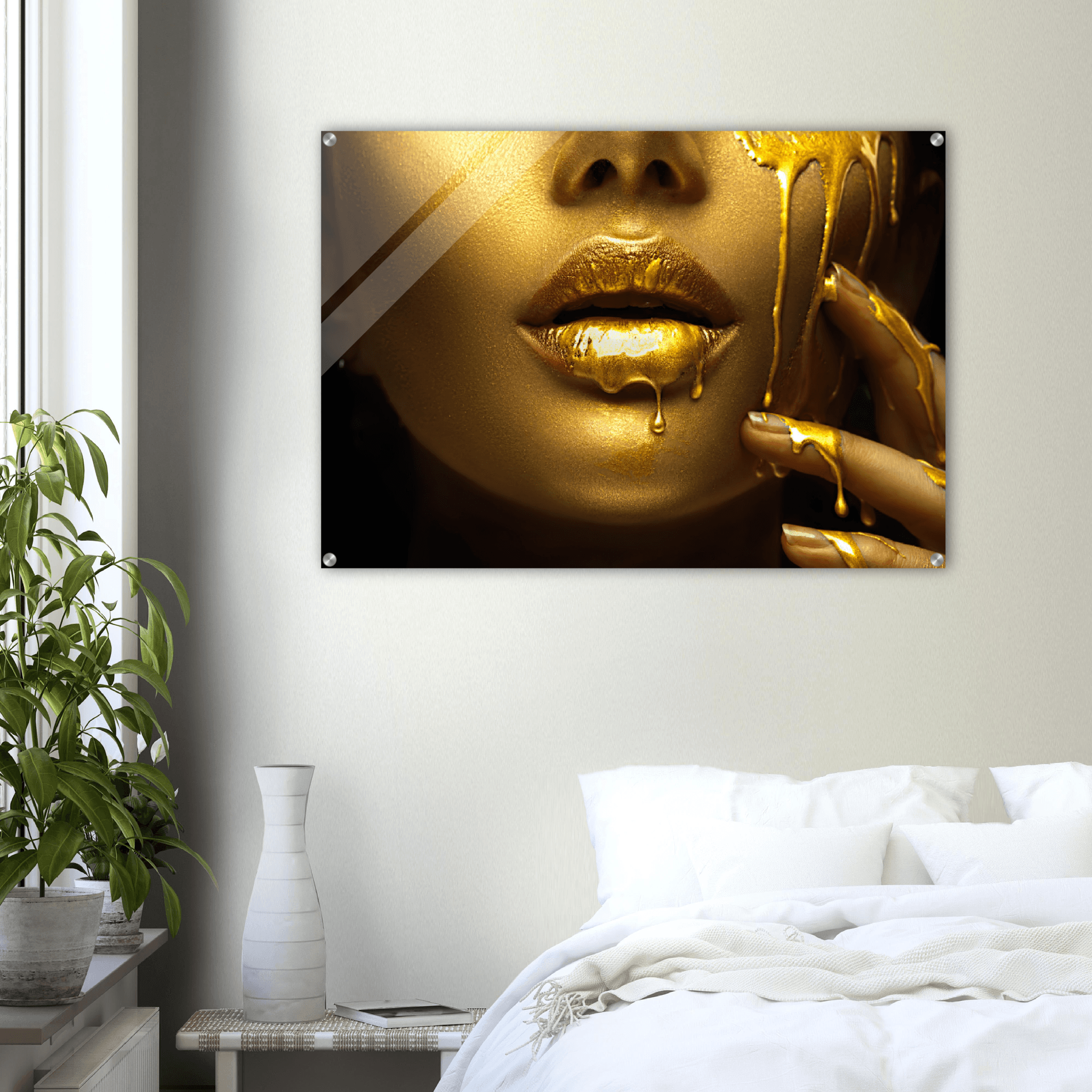 Dripping in Gold: Woman's Face Acrylic Glass Wall Art - Wallfix