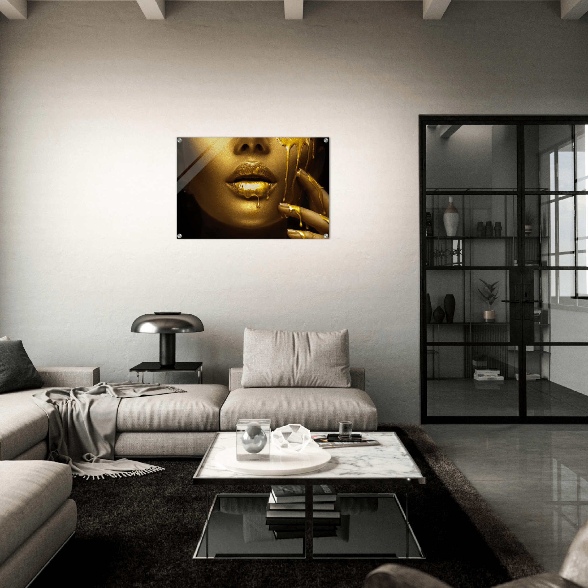 Dripping in Gold: Woman's Face Acrylic Glass Wall Art - Wallfix