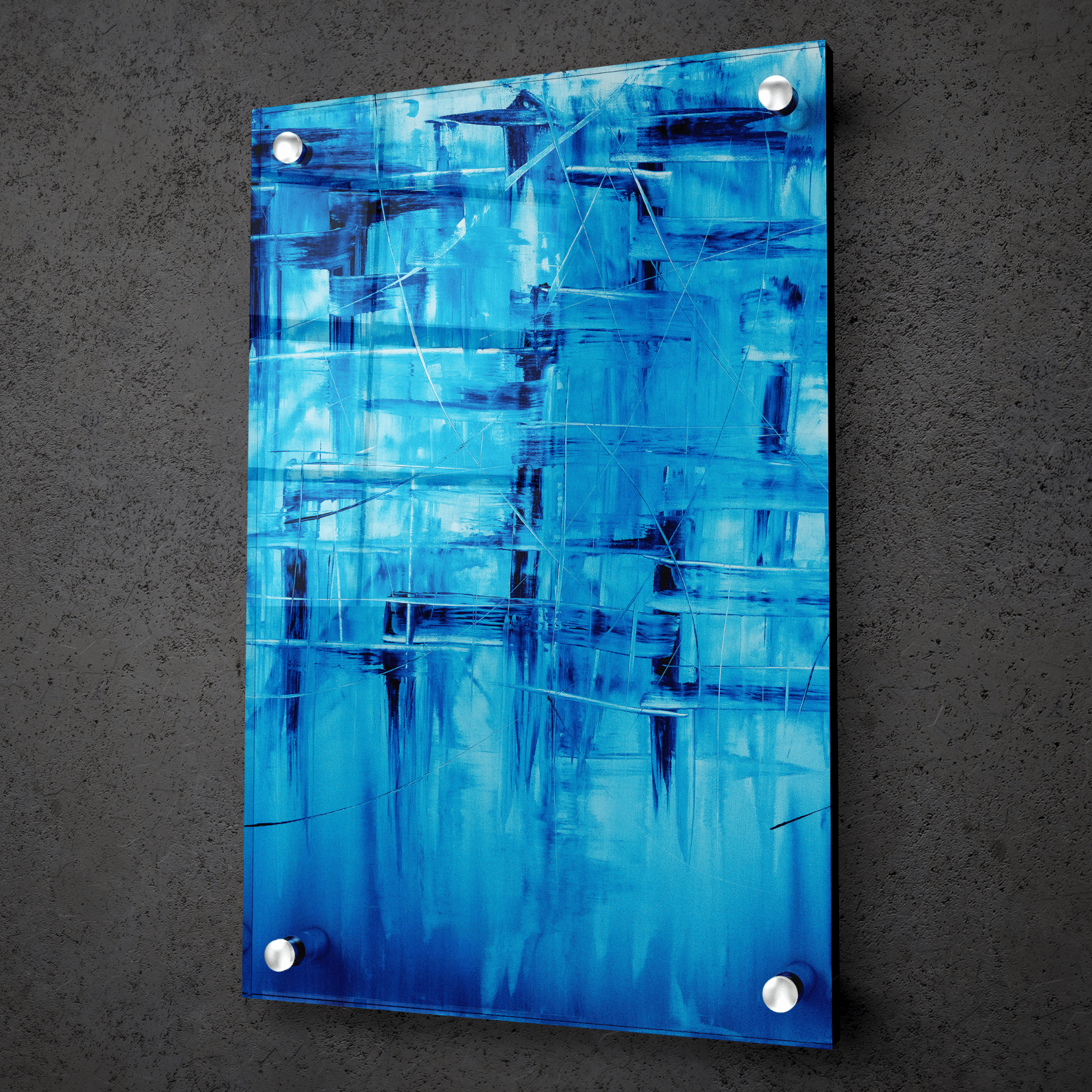 Effulgent Blue: Abstract Squares and Lines Acrylic Glass Wall Art - Wallfix