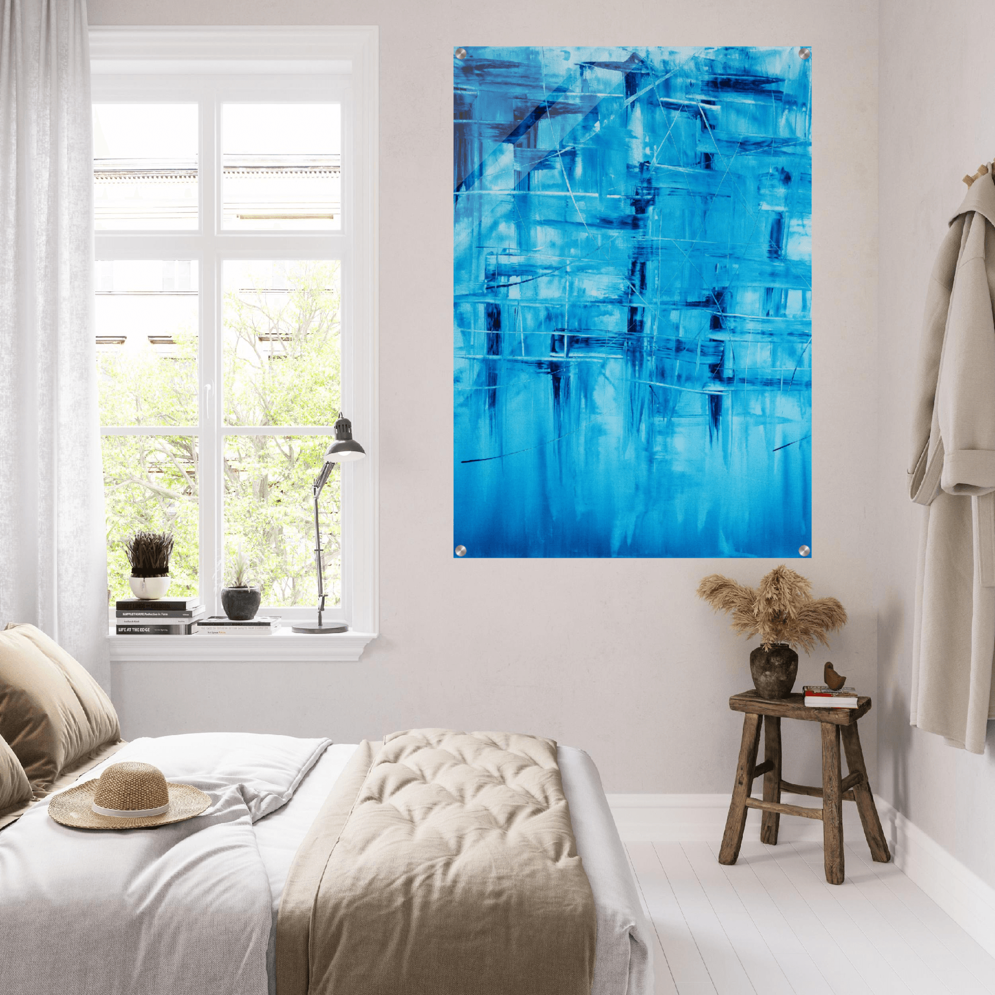 Effulgent Blue: Abstract Squares and Lines Acrylic Glass Wall Art - Wallfix
