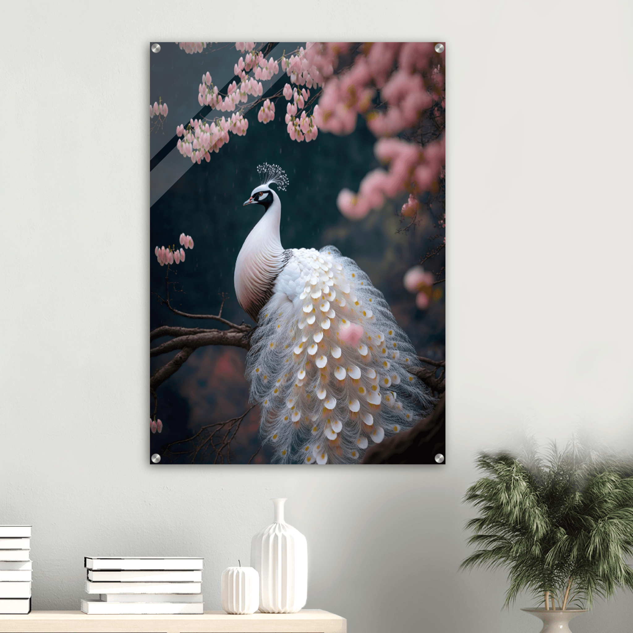 Elegance of Spring: White Peacock Acrylic Glass Wall Art - Wallfix