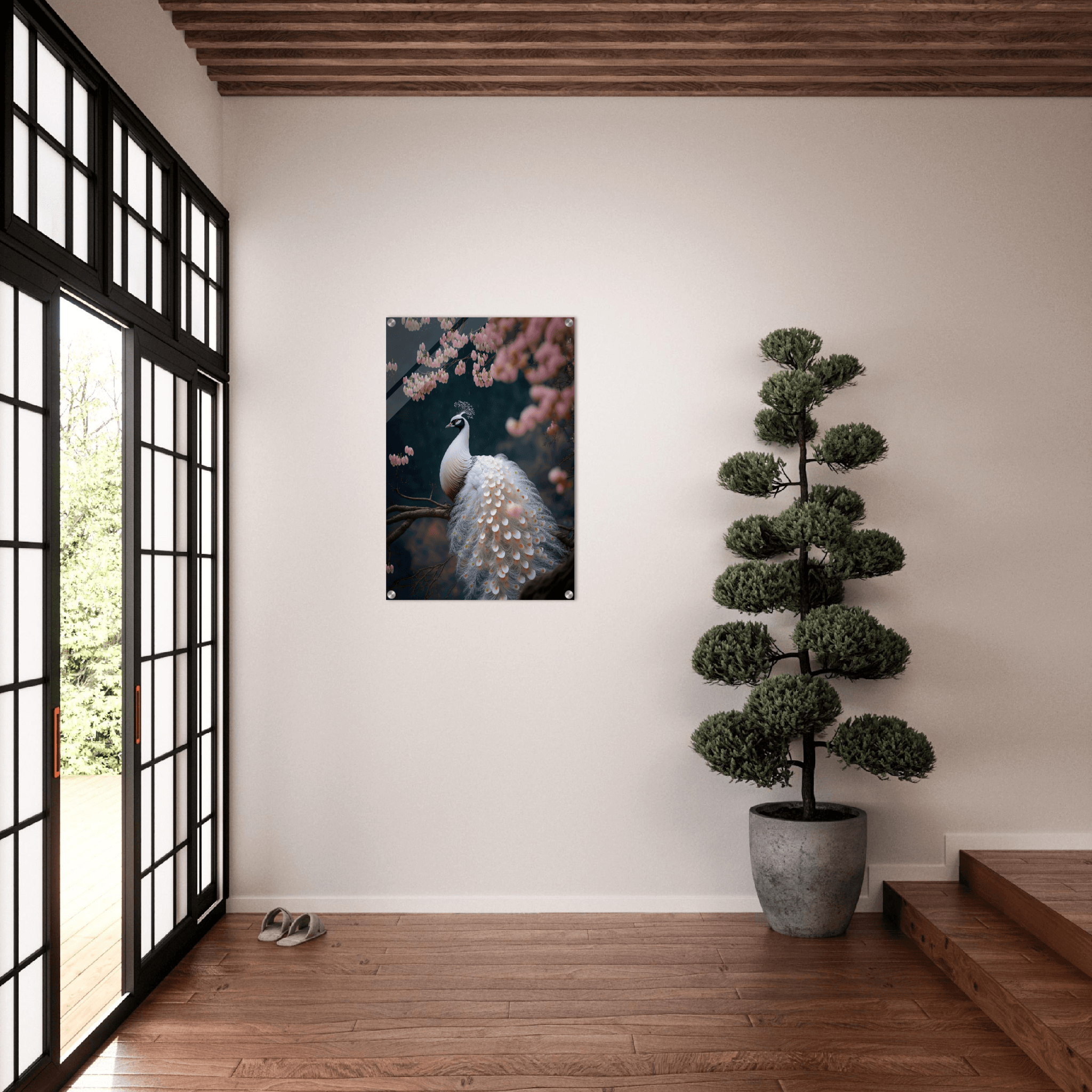 Elegance of Spring: White Peacock Acrylic Glass Wall Art - Wallfix