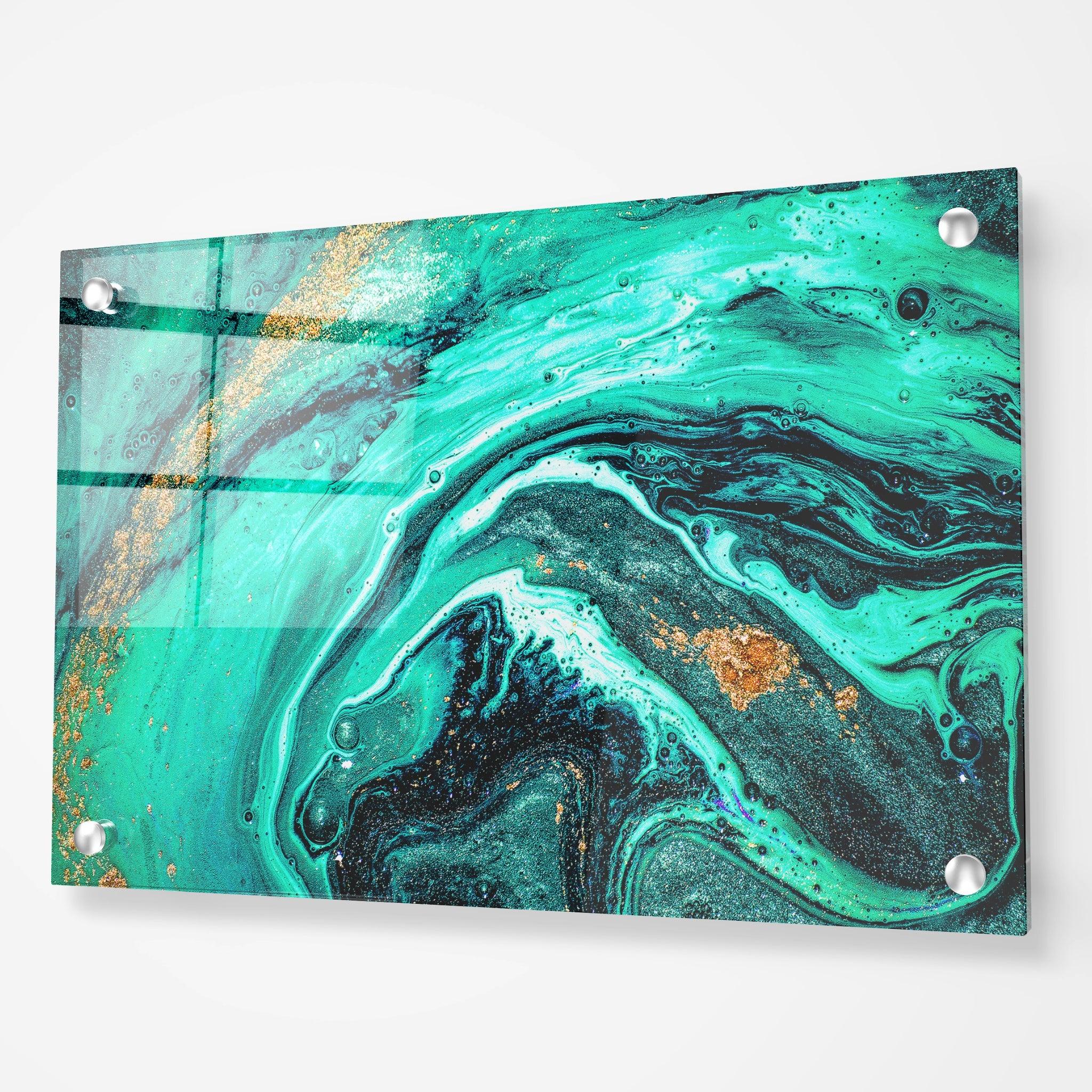 Emerald Elegance: Aquamarine and Gold Abstract Acrylic Glass Wall Art - Wallfix