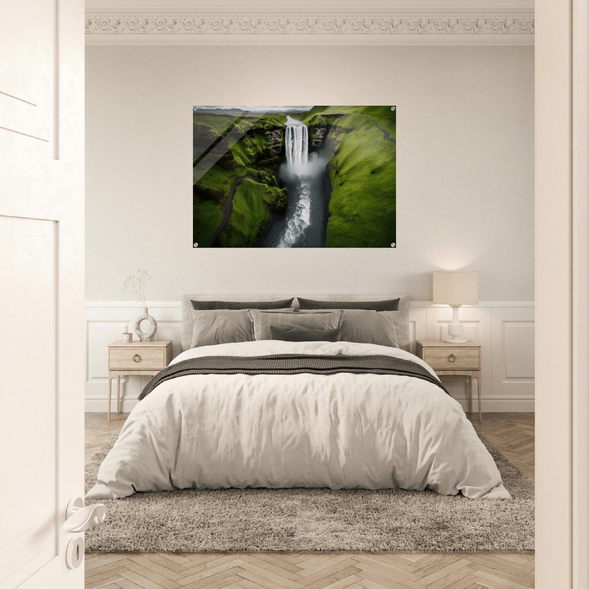 Emerald Oasis: Skogafoss in Full Splendor Acrylic Glass Wall Art - Wallfix