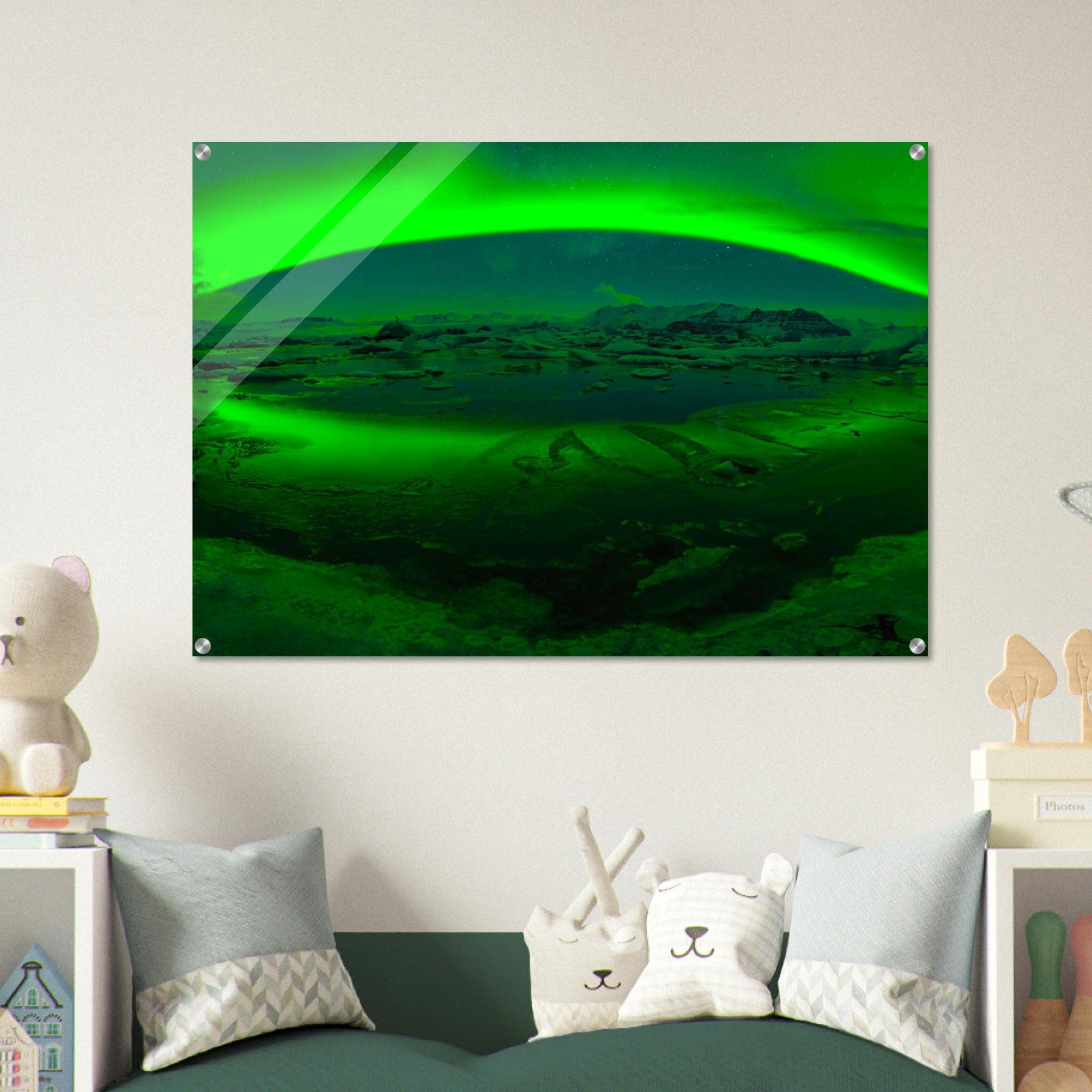 Emerald Serenity: Icebergs Bathed in Aurora Lights Acrylic Glass Wall Art - Wallfix