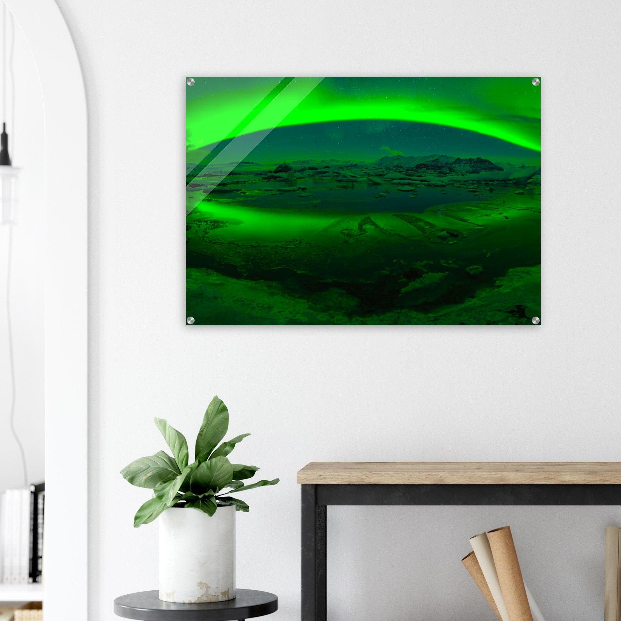 Emerald Serenity: Icebergs Bathed in Aurora Lights Acrylic Glass Wall Art - Wallfix