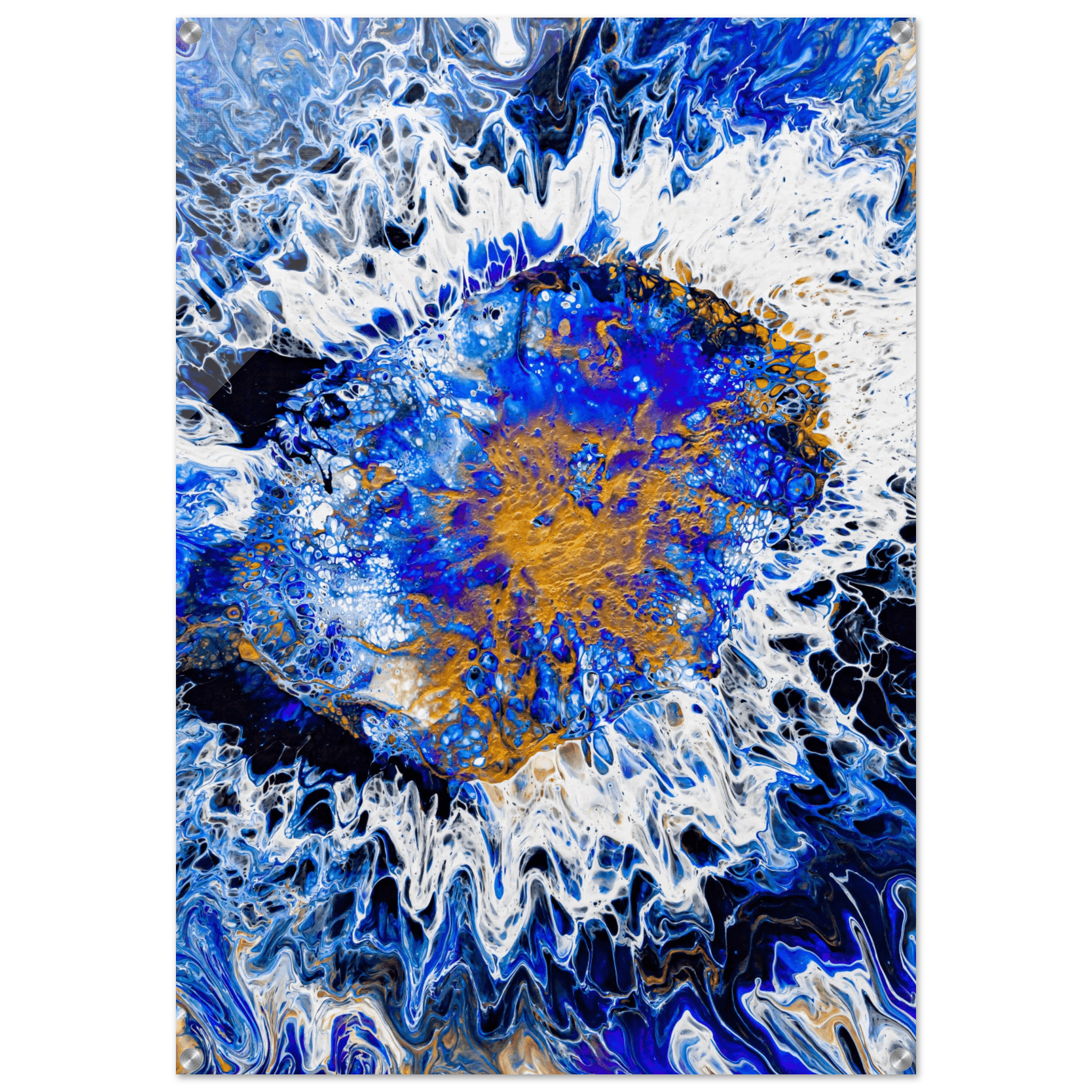 Energy Unleashed: Vivid Blue and Gold Abstract Acrylic Glass Wall Art - Wallfix