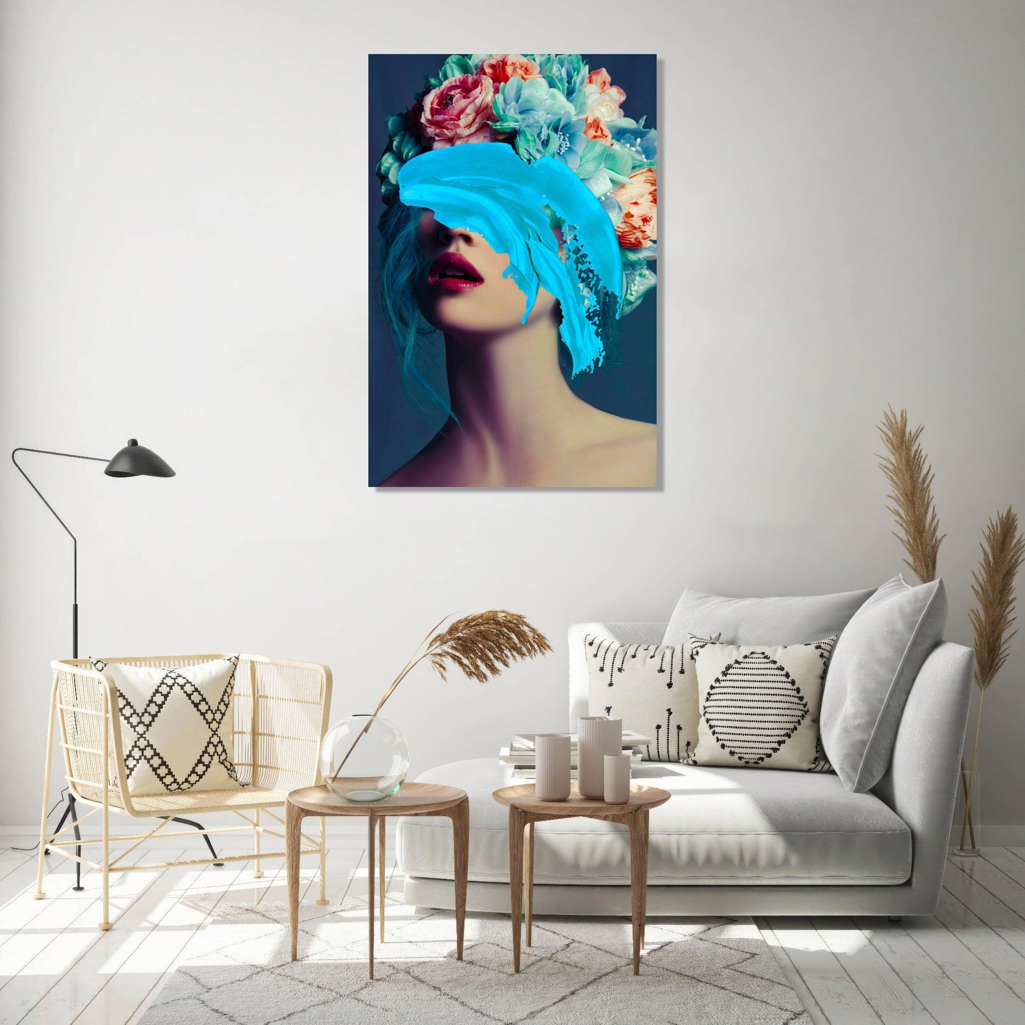 Fantasy Bloom: Abstract Blue Floral Portrait Metal Wall Art - Wallfix
