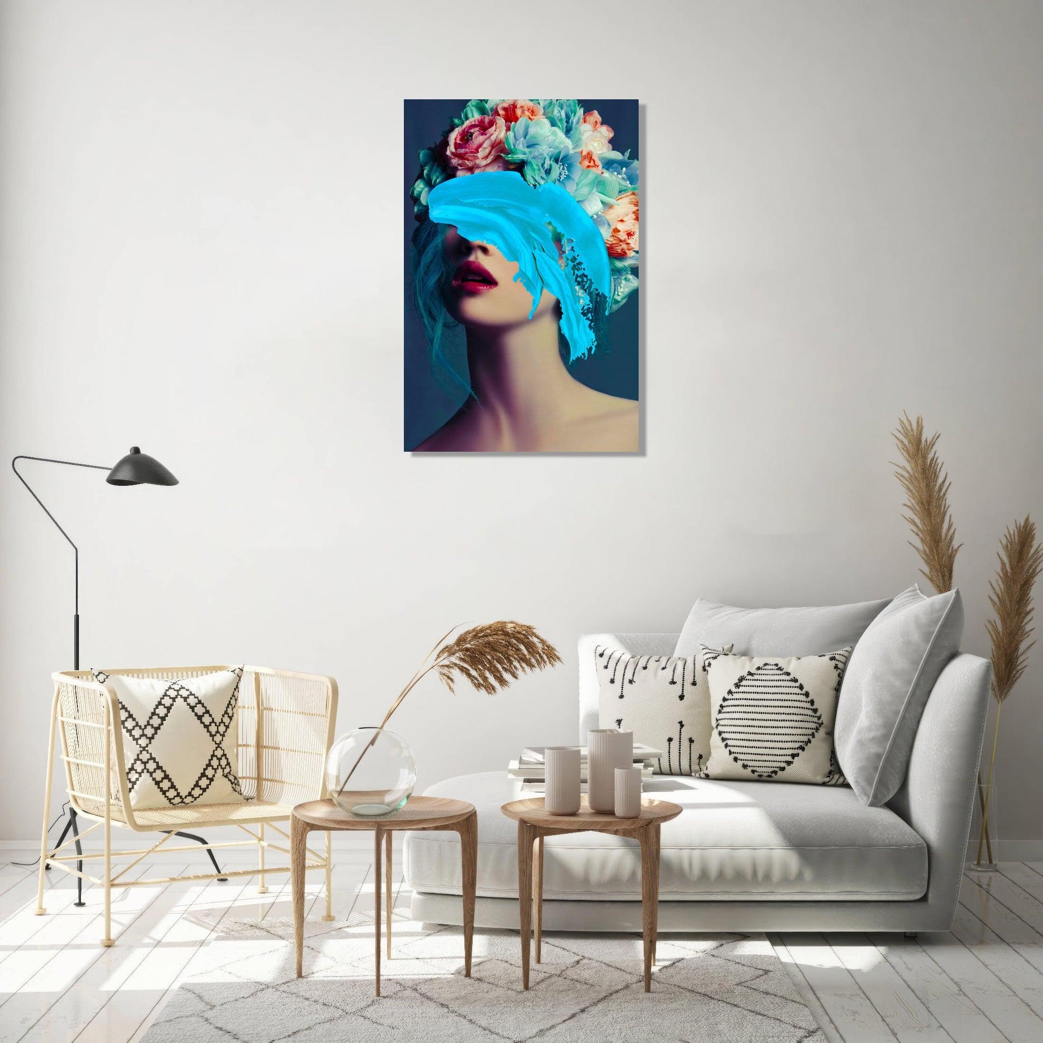 Fantasy Bloom: Abstract Blue Floral Portrait Metal Wall Art - Wallfix