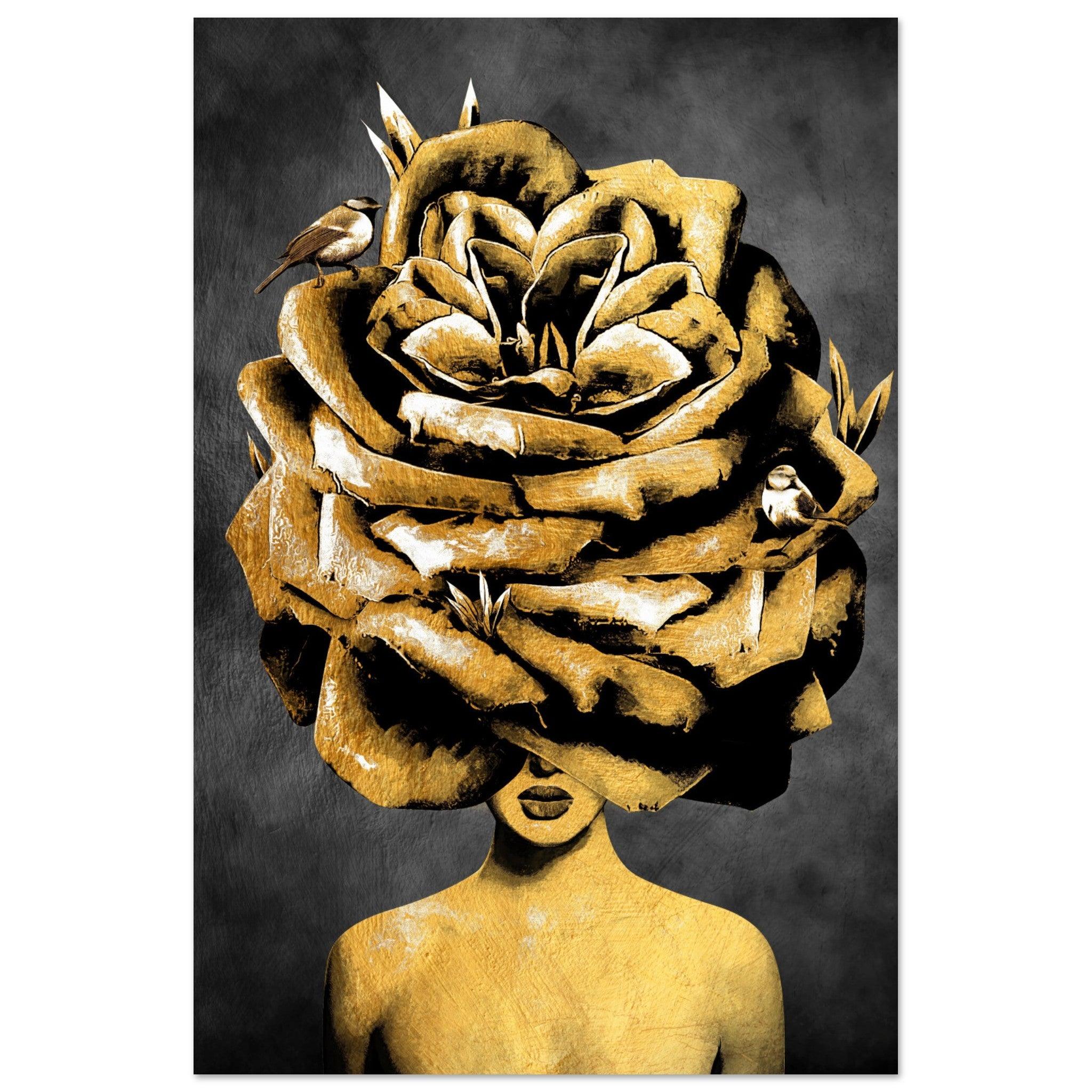 Floral Crown: Golden Girl Figure with Bouquet Metal Poster - Wallfix