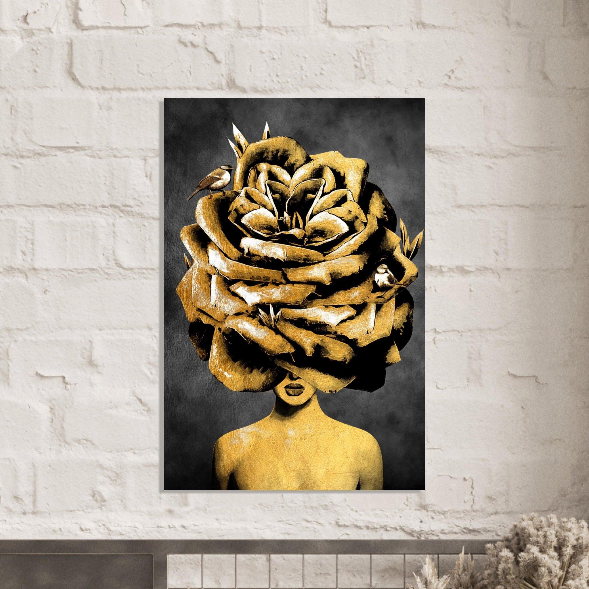 Floral Crown: Golden Girl Figure with Bouquet Metal Poster - Wallfix