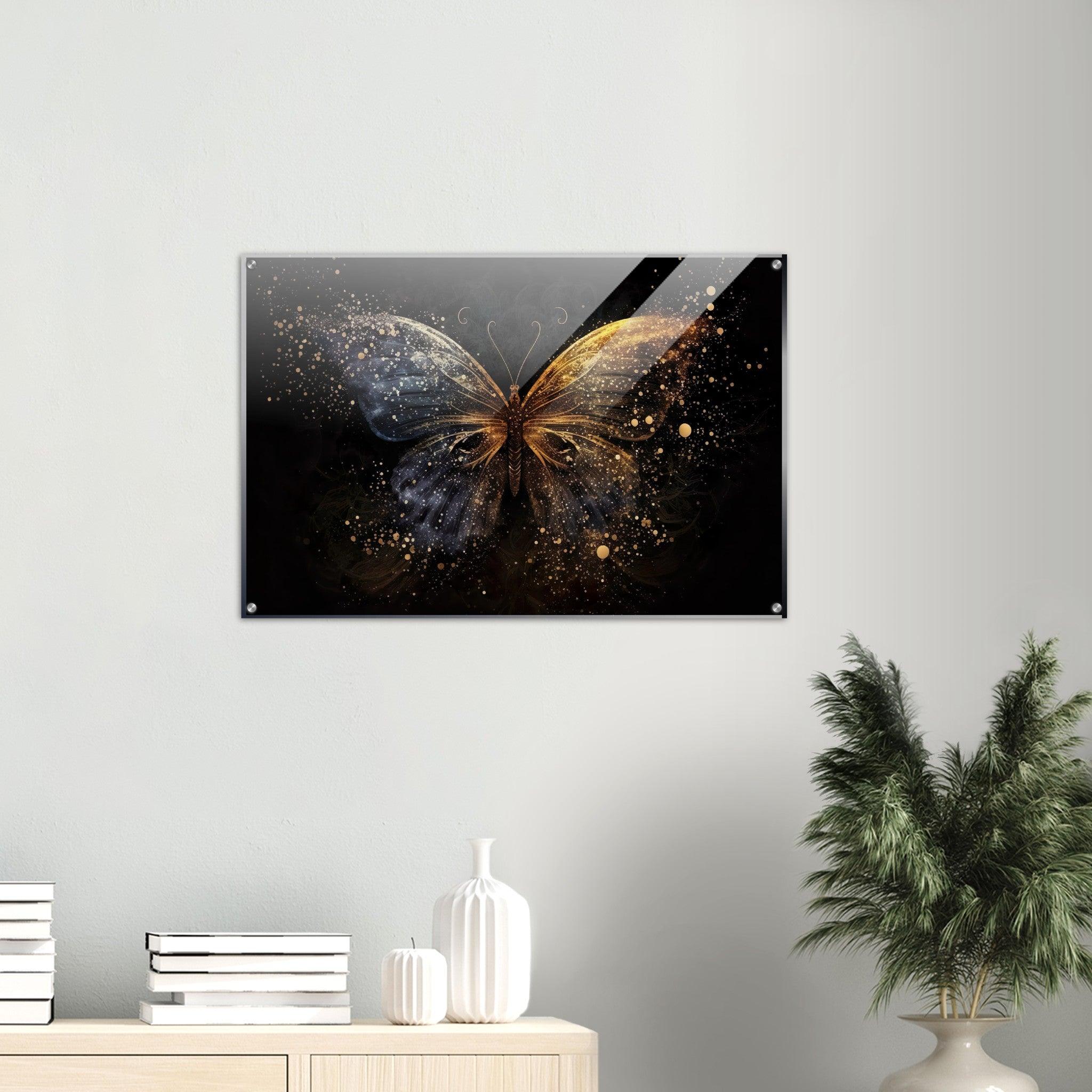 Golden Dust: Glittering Butterfly Acrylic Glass Wall Art - Wallfix