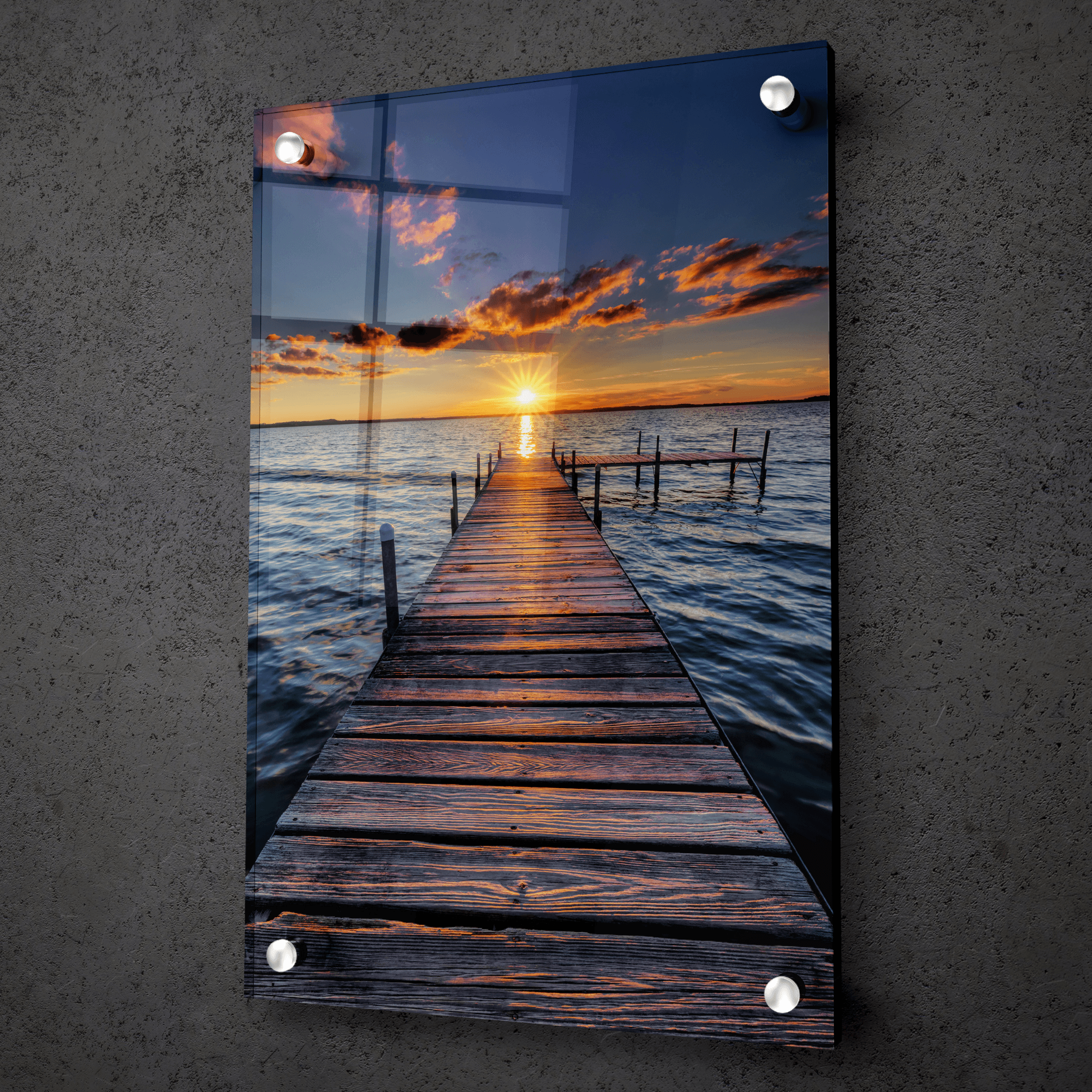 Golden Hour: Sunset Wooden Dock Acrylic Glass Wall Art - Wallfix