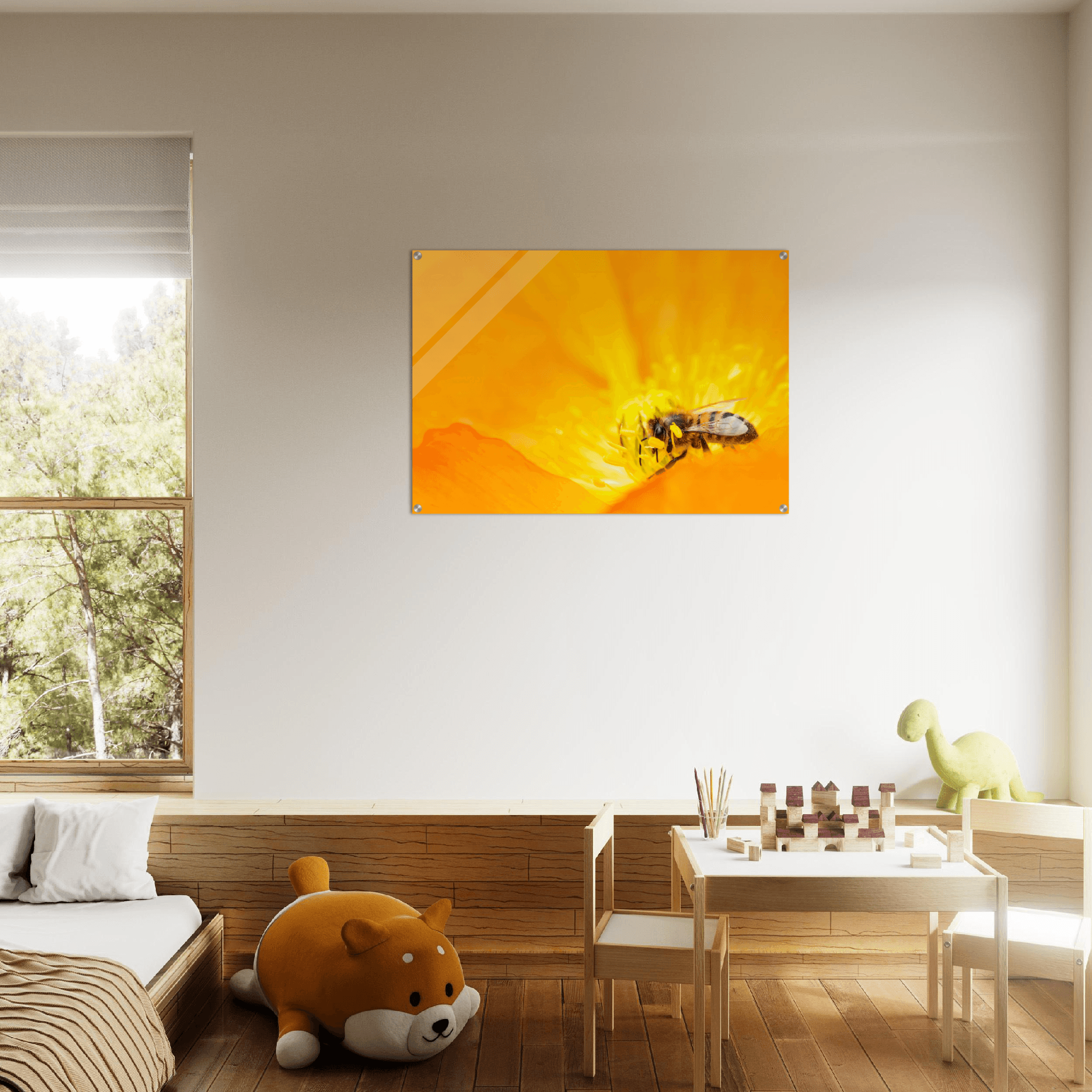 Golden Nectar: Buzzing Bee Acrylic Glass Wall Art - Wallfix