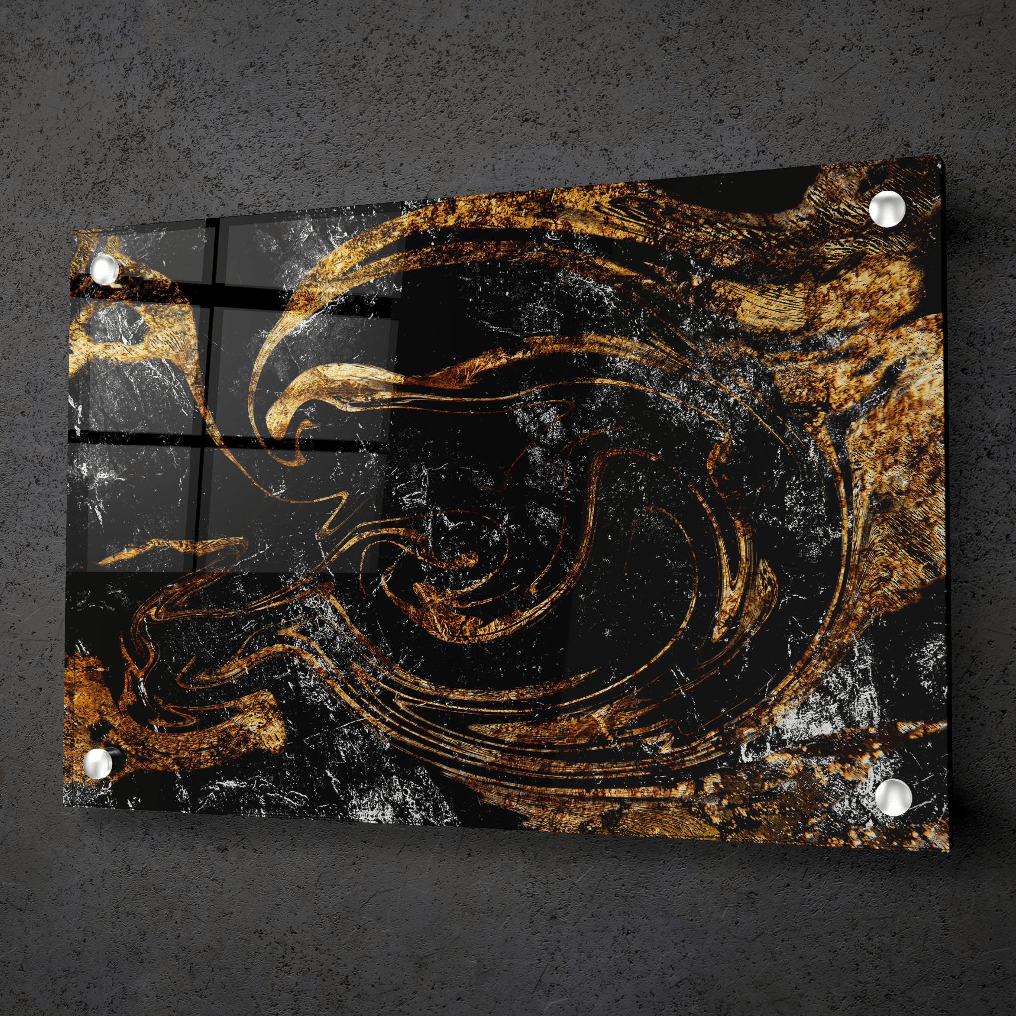 Golden Vortex: Black and Gold Abstract Acrylic Glass Wall Art - Wallfix