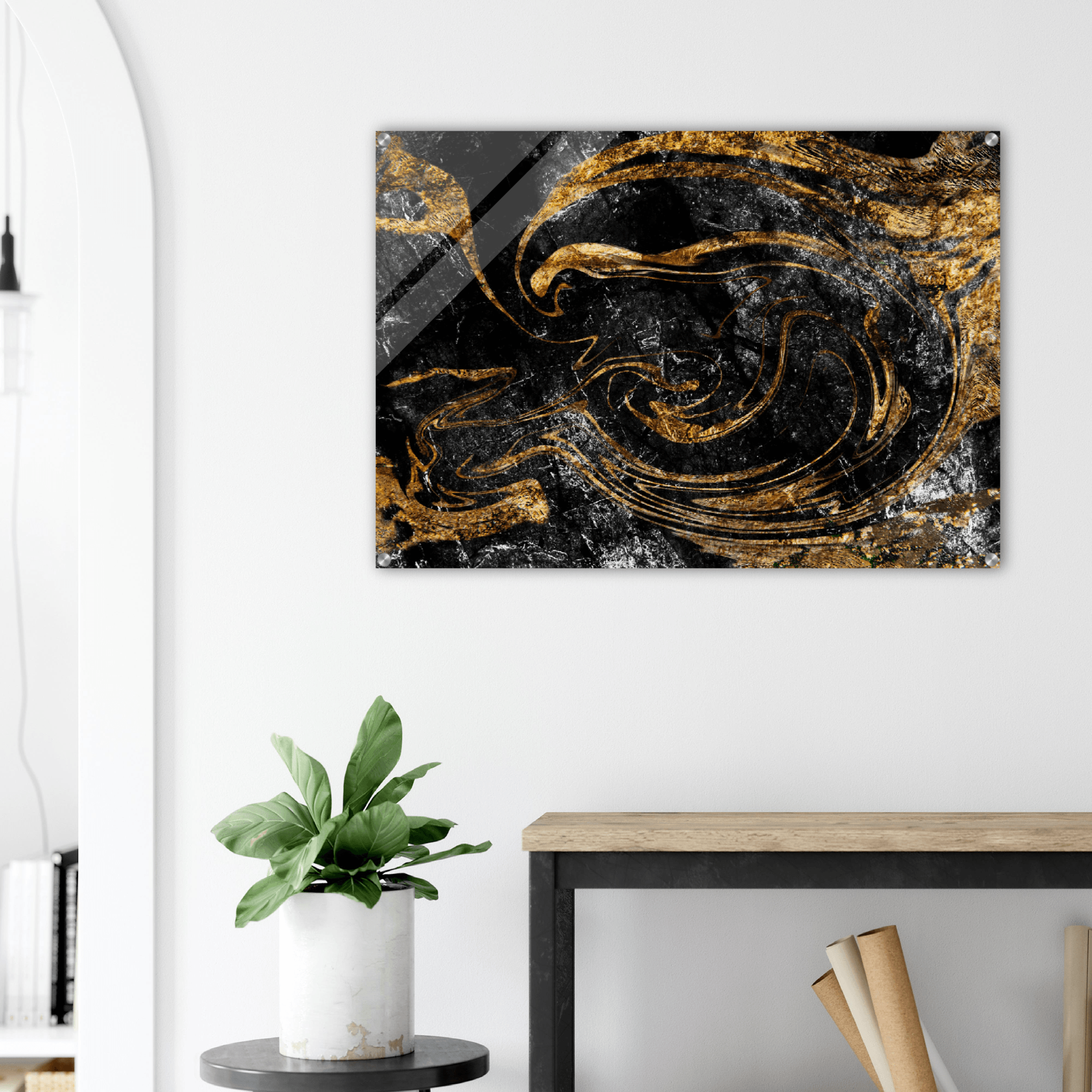 Golden Vortex: Black and Gold Abstract Acrylic Glass Wall Art - Wallfix