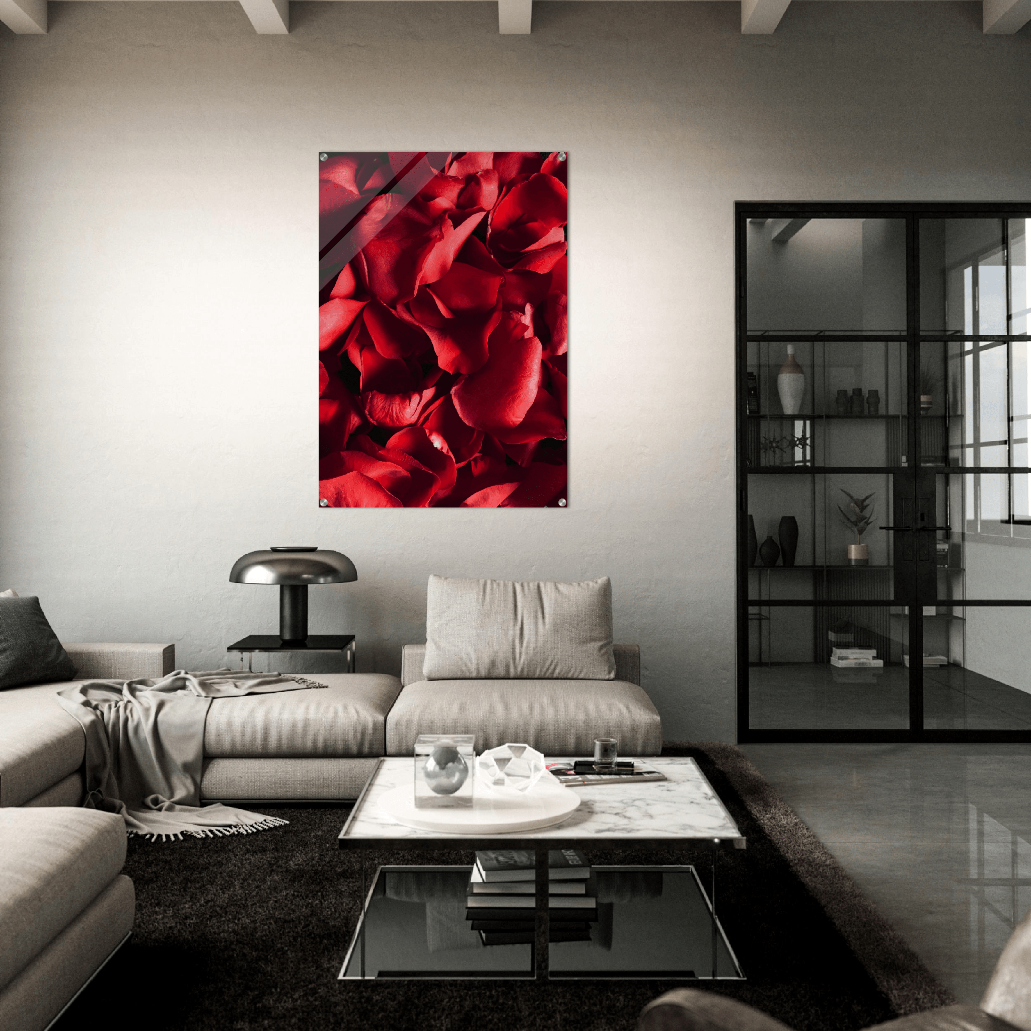 Intimate Romance: Red Rose Pedals Acrylic Glass Wall Art - Wallfix