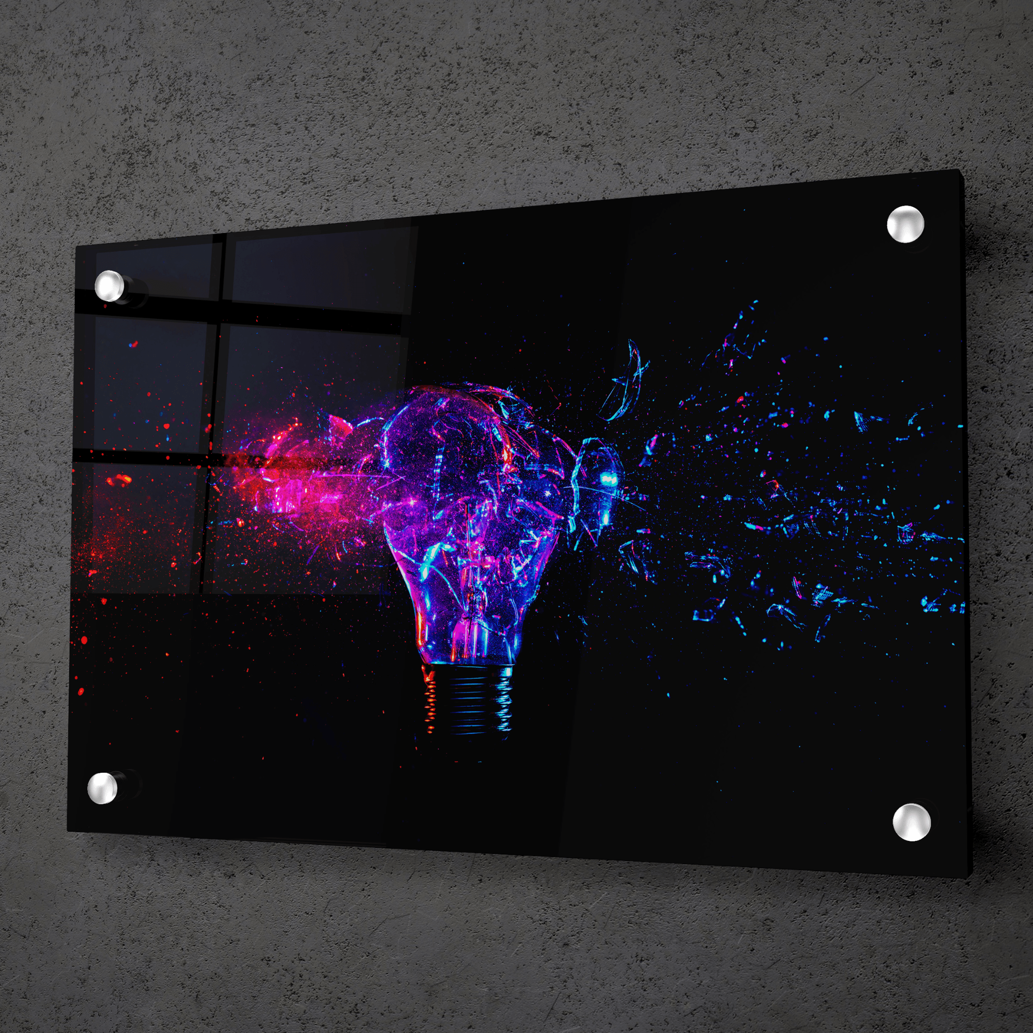 Luminous Burst: Neon Light Bulb Explosion Acrylic Glass Wall Art - Wallfix