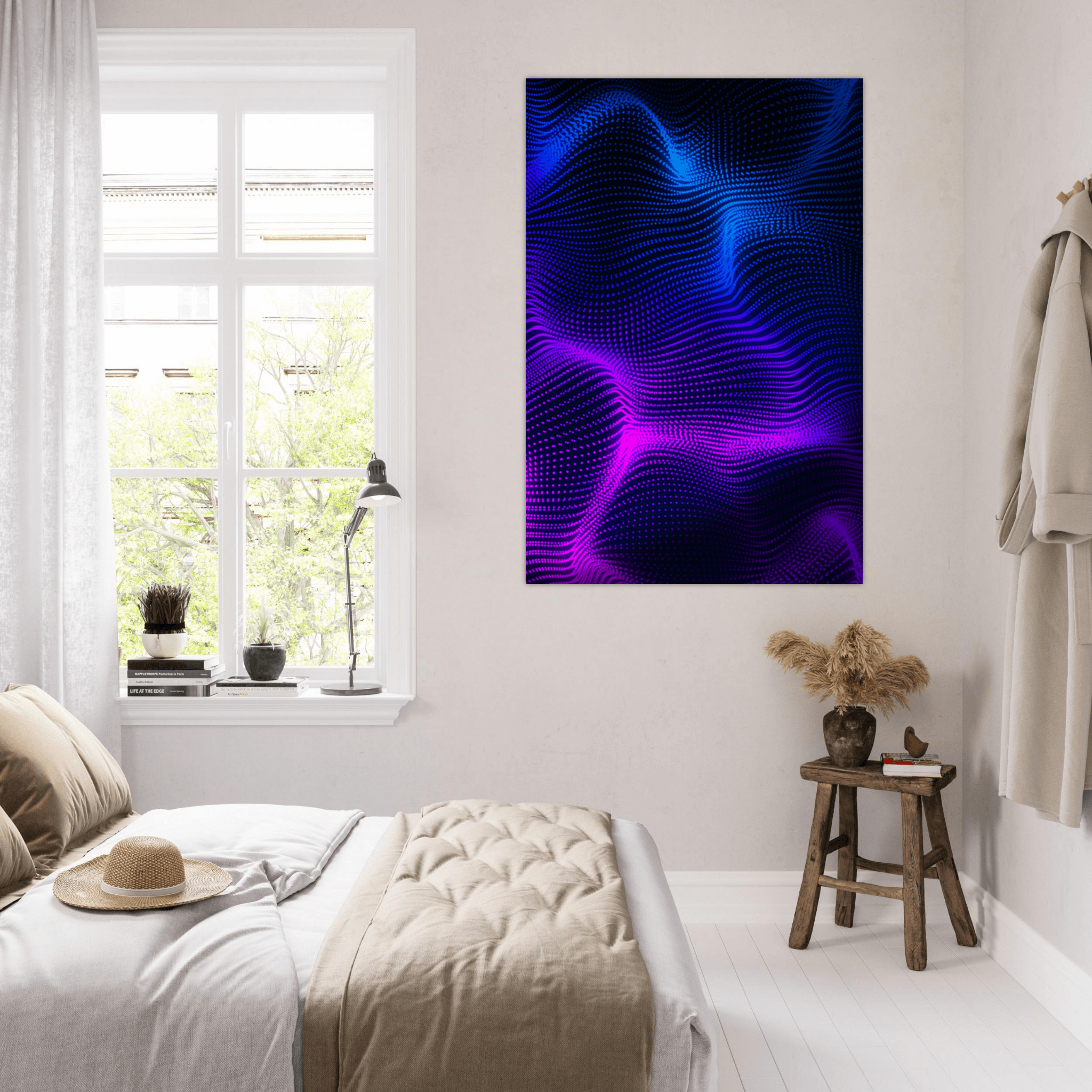 Luminous Illusions: Neon Waves in Blue and Purple Metal Wall Art (Right) - Wallfix