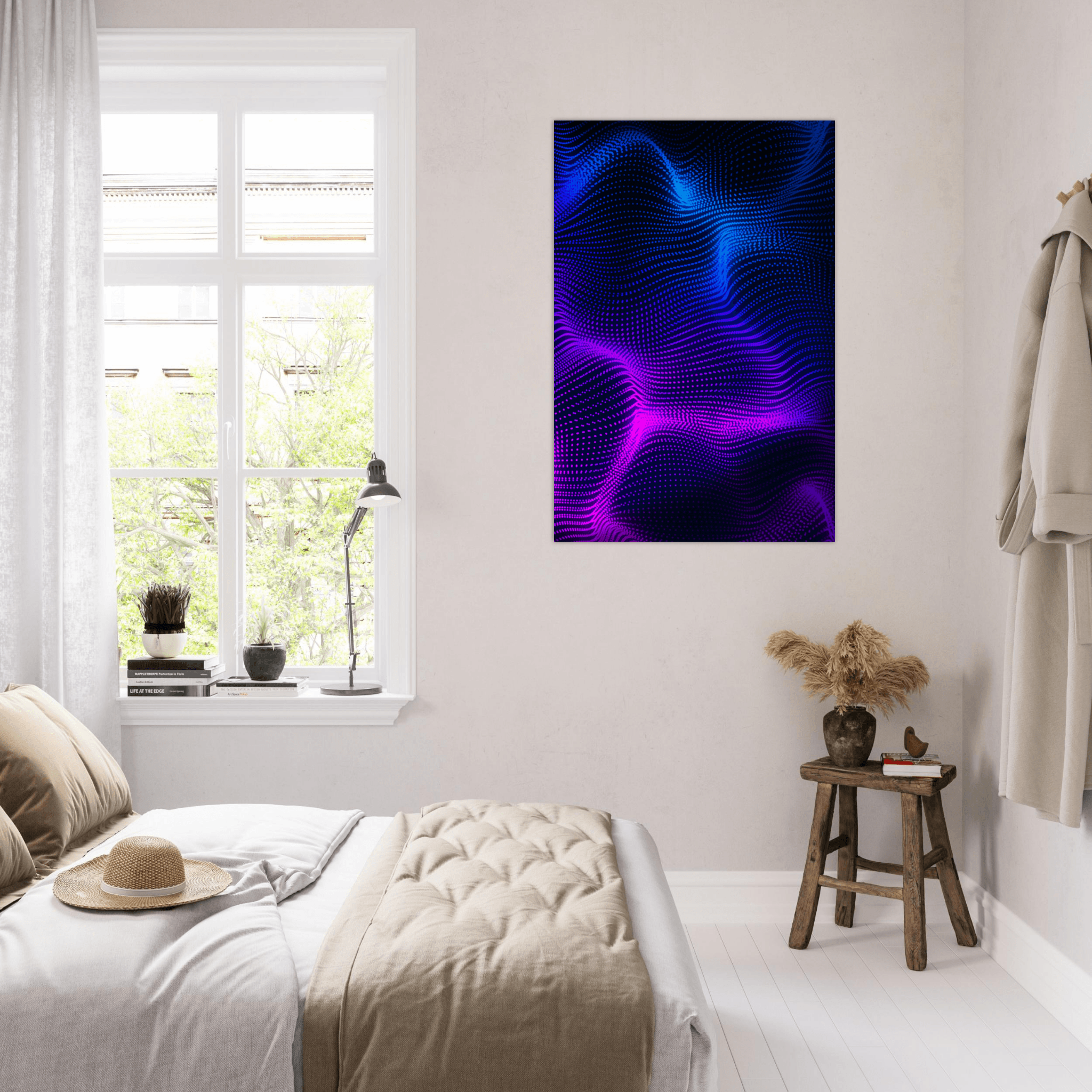 Luminous Illusions: Neon Waves in Blue and Purple Metal Wall Art (Right) - Wallfix