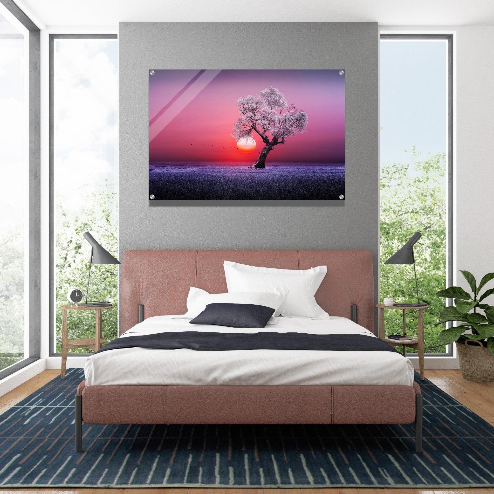 Mystical Sunset: White Tree Landscape Acrylic Glass Wall Art - Wallfix