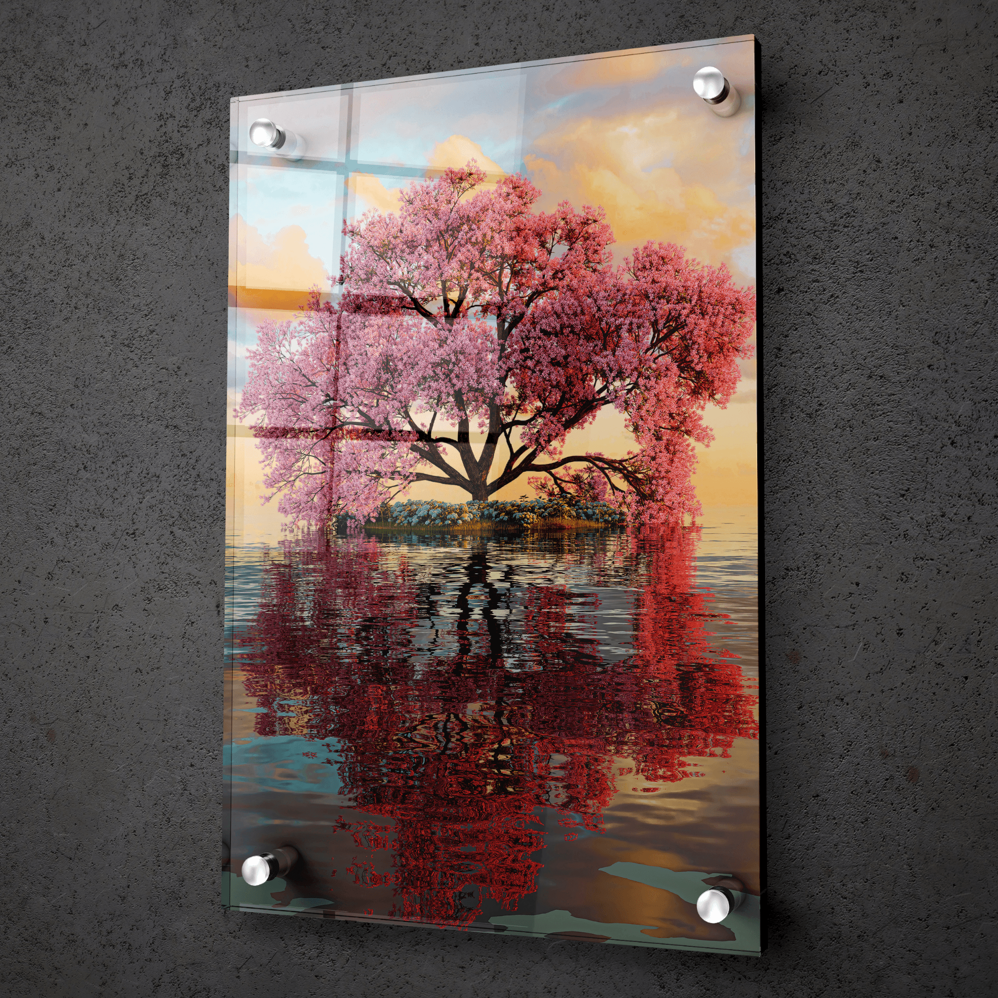 Nature's Mirror: Pink Cherry Blossom Acrylic Glass Wall Art - Wallfix