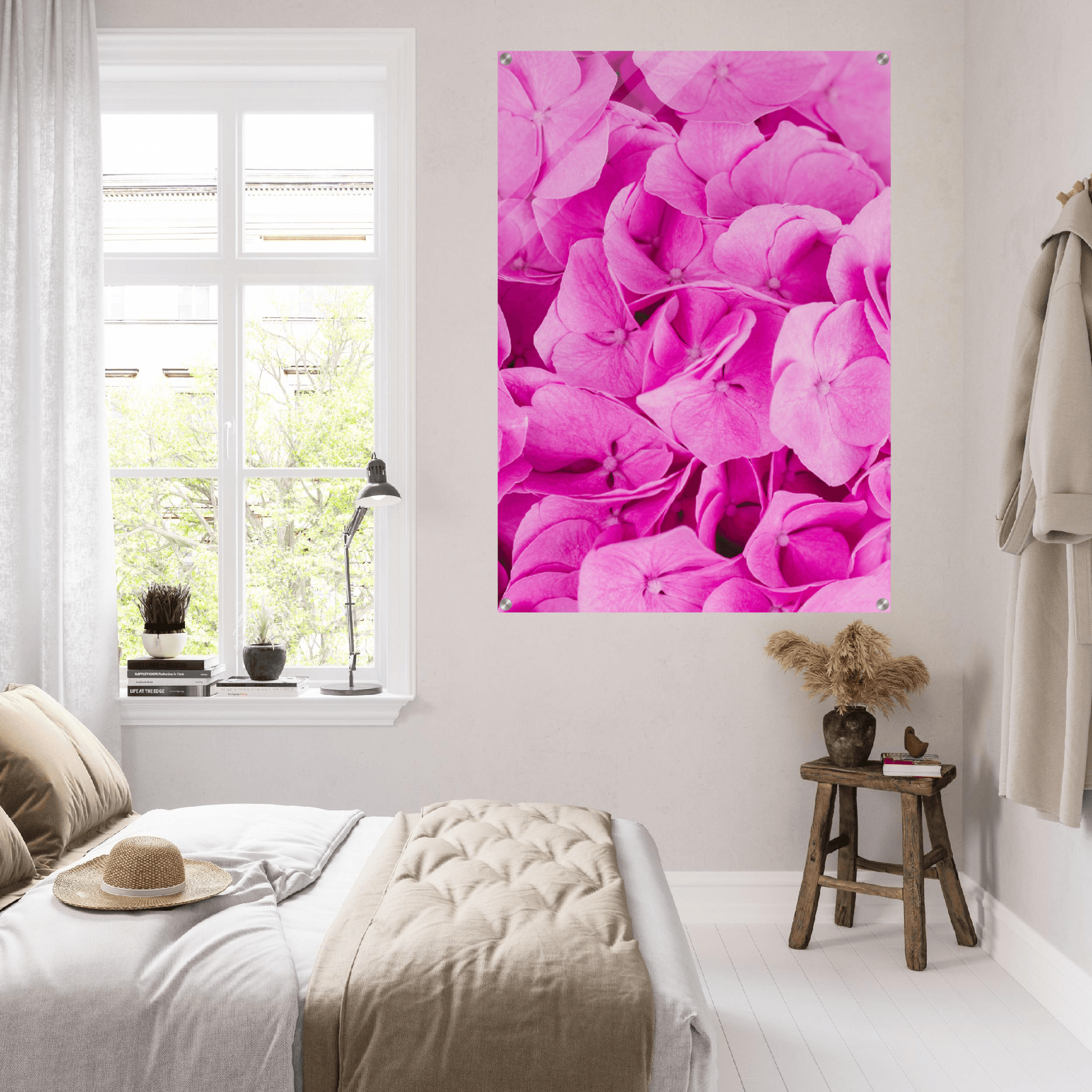 Petal Perfection: Pink Hydrangea Acrylic Glass Wall Art - Wallfix