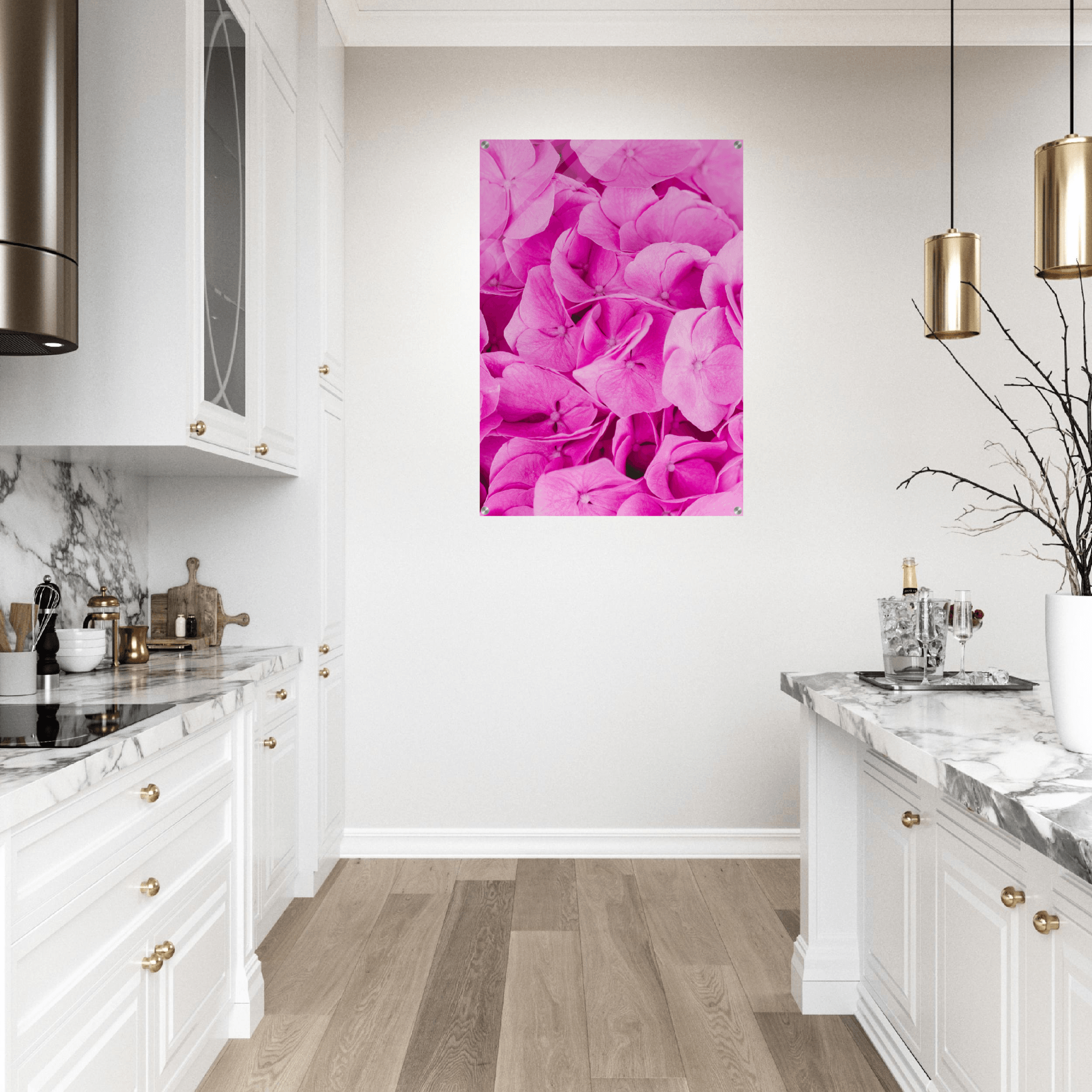 Petal Perfection: Pink Hydrangea Acrylic Glass Wall Art - Wallfix