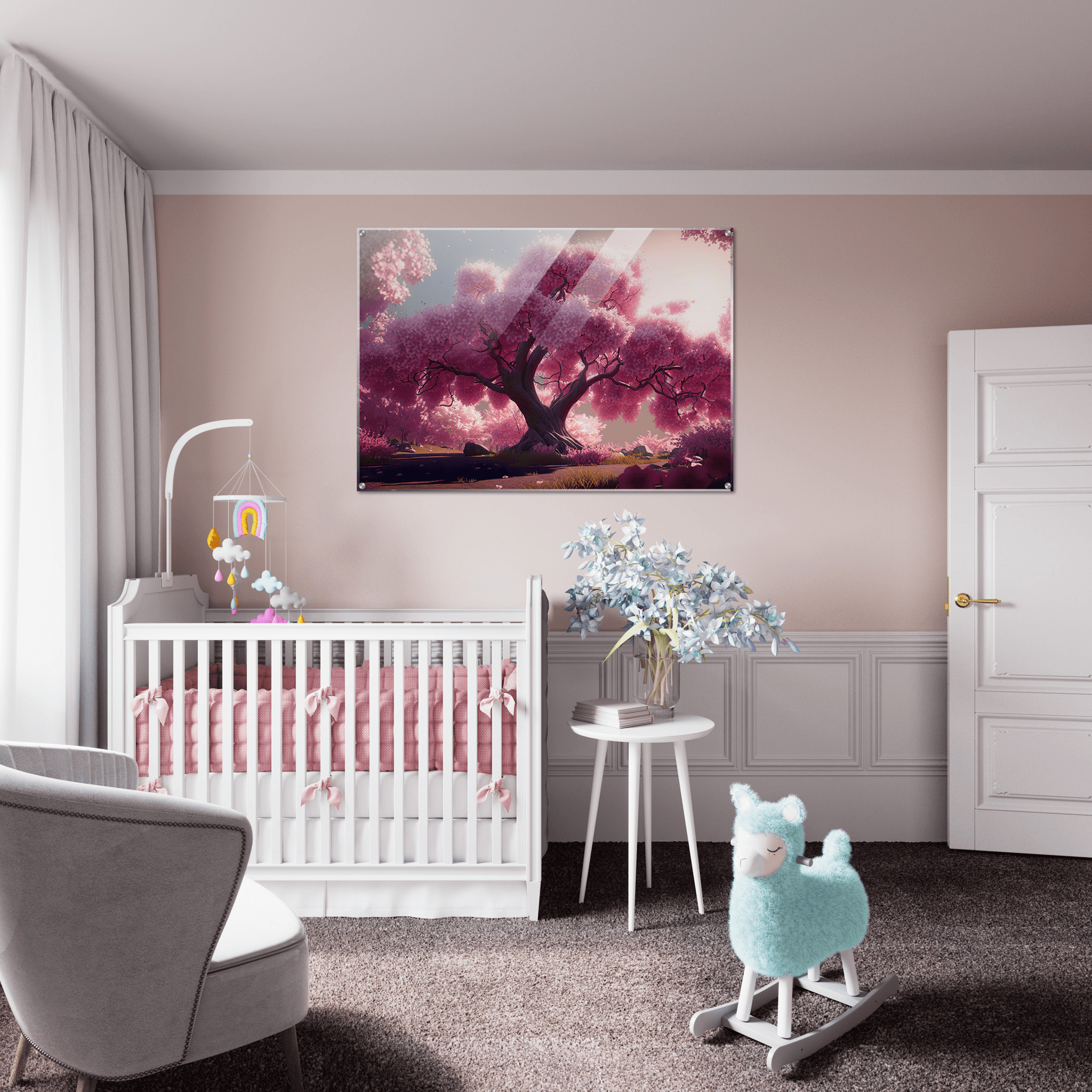 Pink Dreamscape: Cherry Blossom Trees Acrylic Glass Wall Art - Wallfix