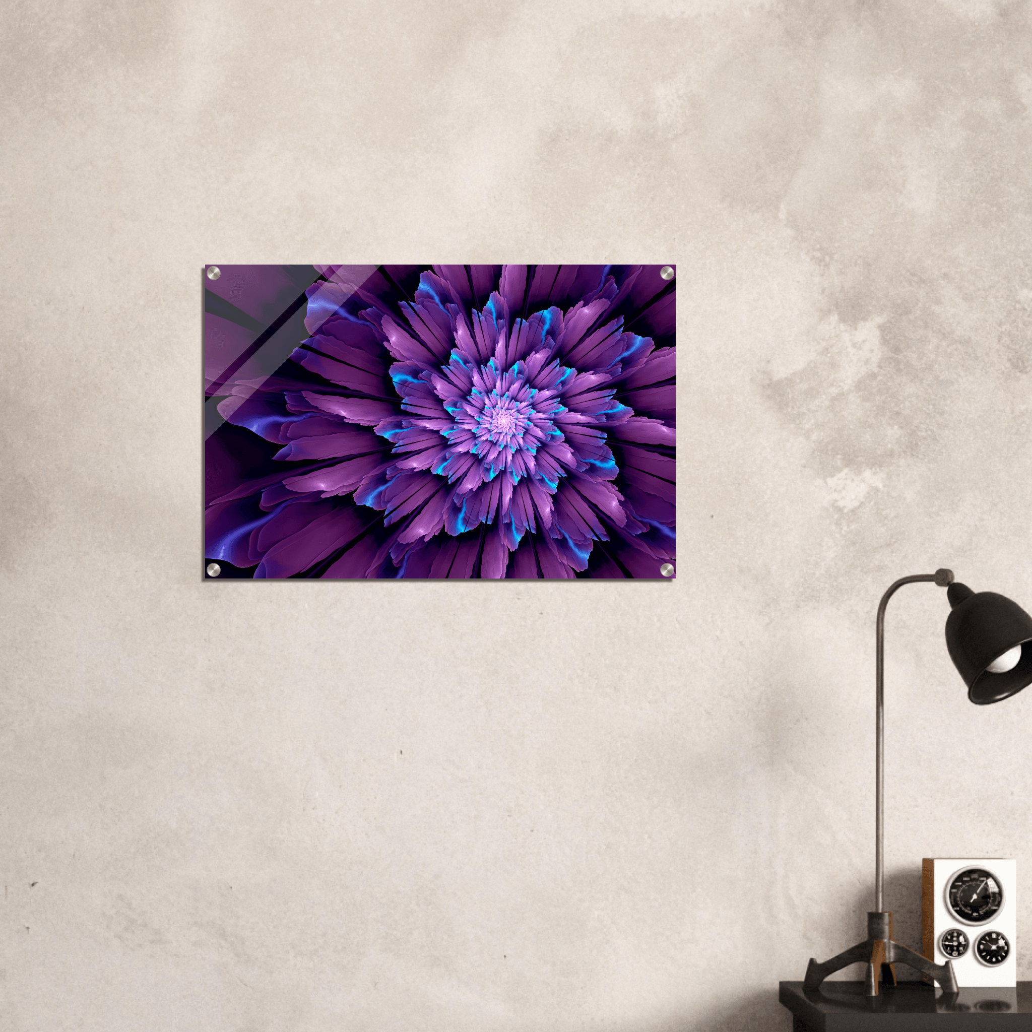 Prismatic Petals: Multilayered Purple and Blue Floral Acrylic Glass Wall Art - Wallfix