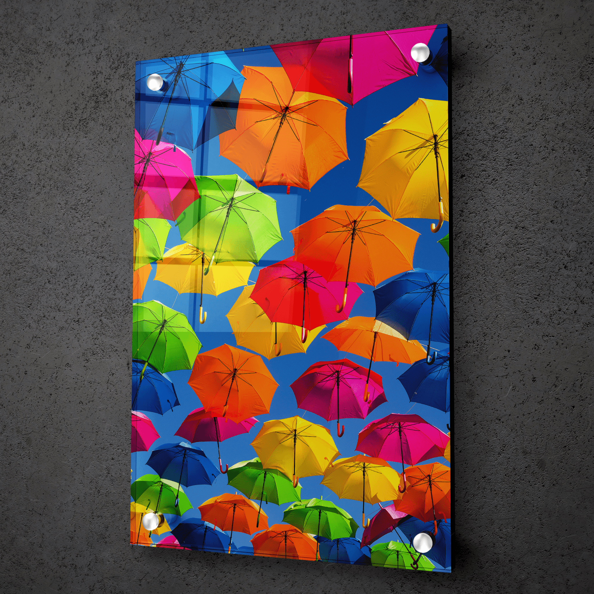 Rain or Shine: Colorful Umbrellas Acrylic Glass Wall Art - Wallfix