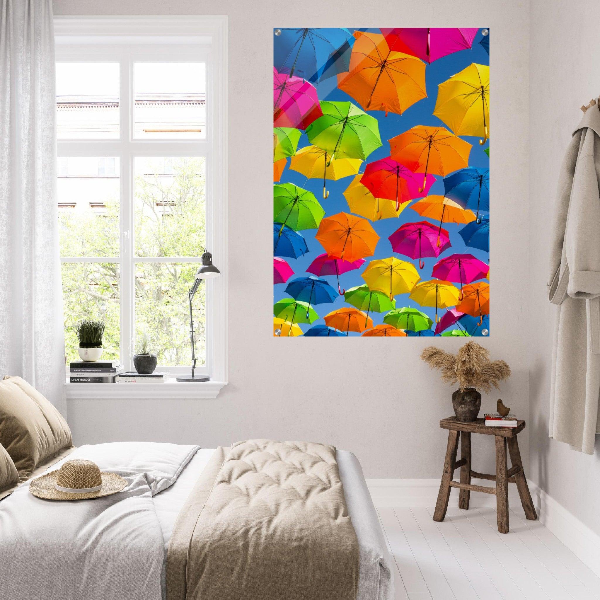 Rain or Shine: Colorful Umbrellas Acrylic Glass Wall Art - Wallfix