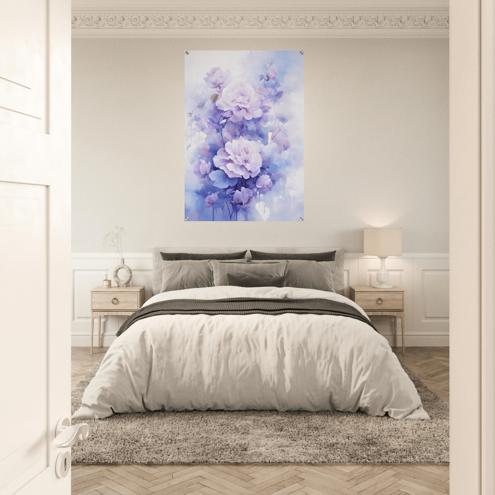 Serene Roses: Painterly Light Indigo Roses Acrylic Glass Wall Art - Wallfix