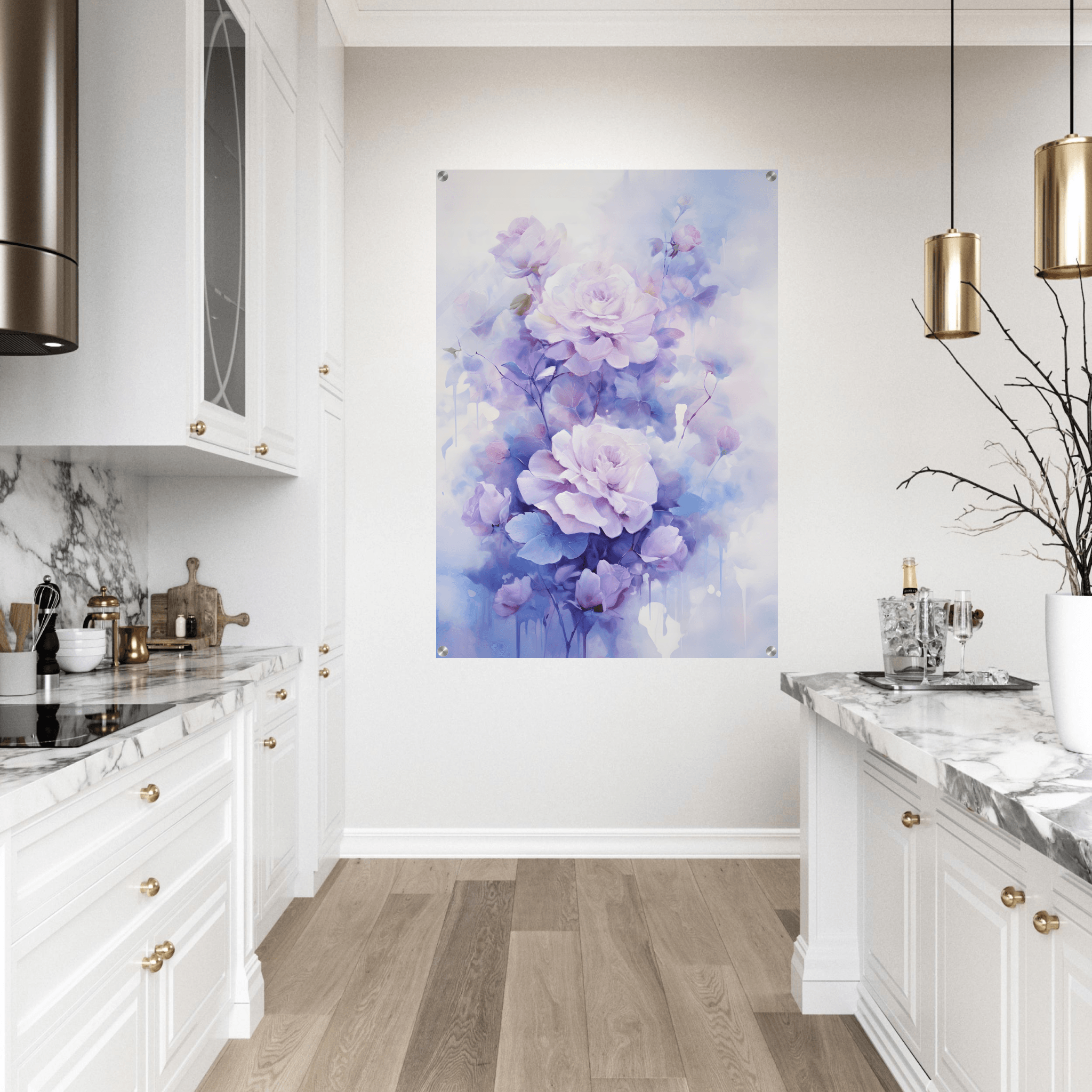 Serene Roses: Painterly Light Indigo Roses Acrylic Glass Wall Art - Wallfix