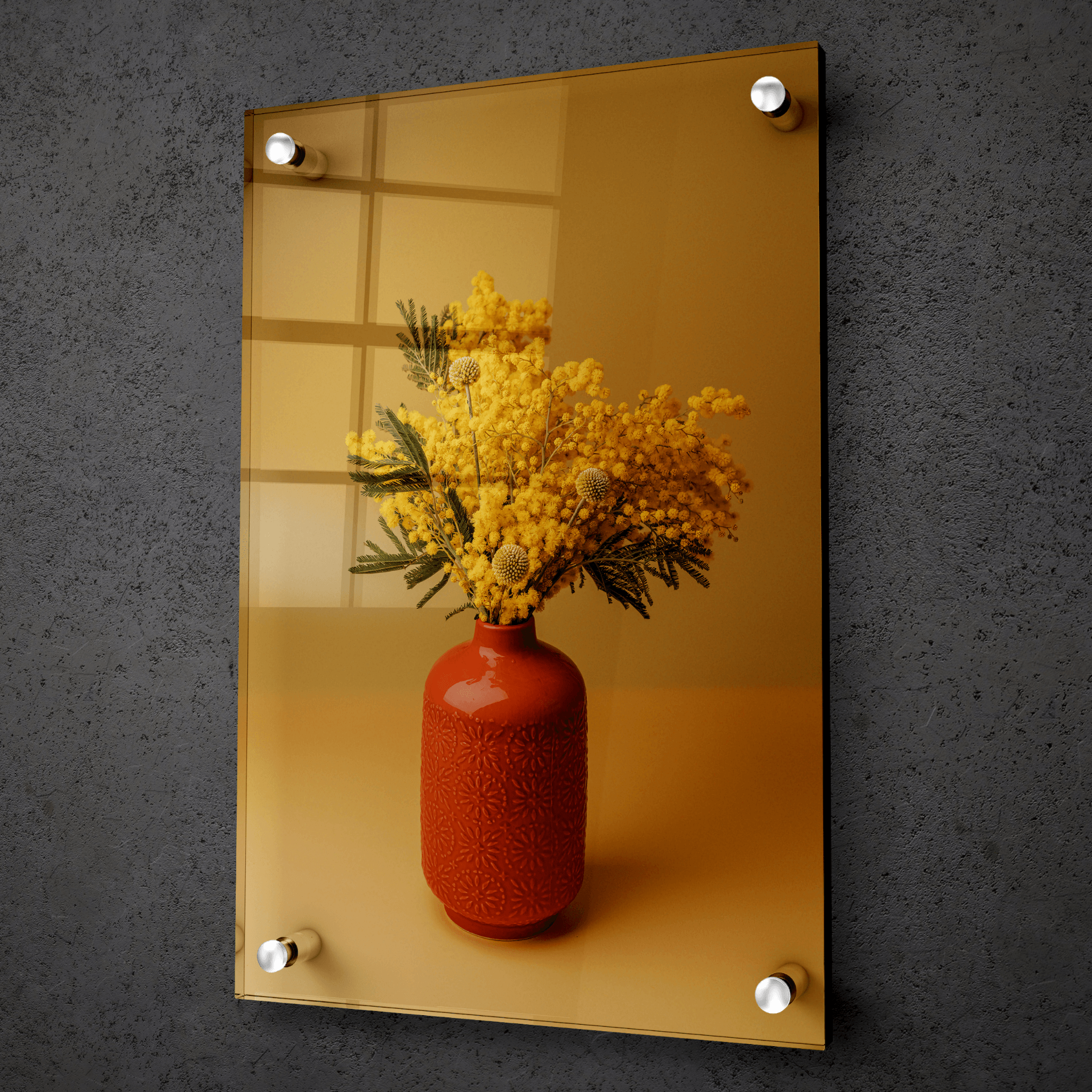 Soothing Serenity: Vase And Yellow Flowers Acrylic Glass Wall Art - Wallfix