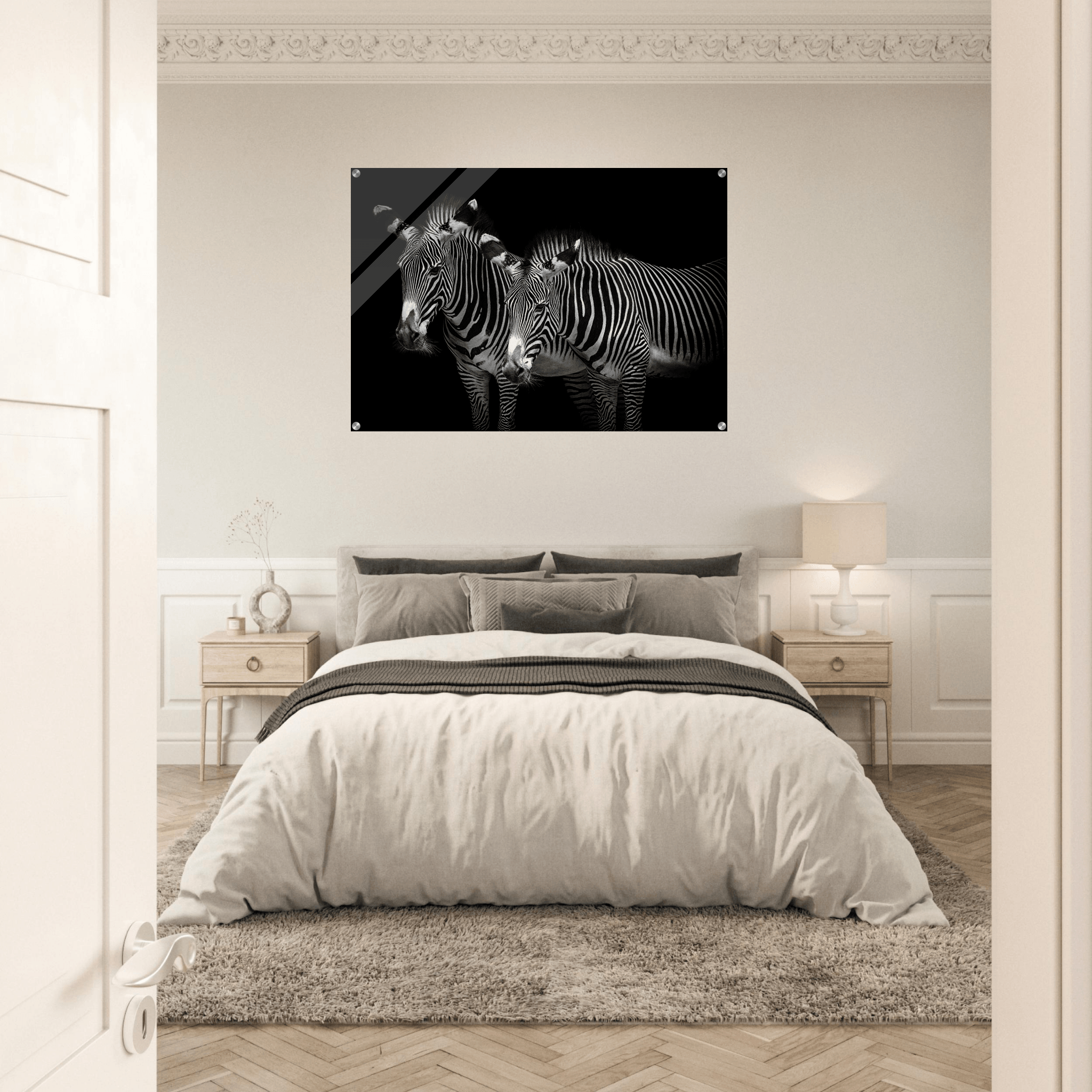 Striking Simplicity: Black and White Zebras Acrylic Glass Wall Art - Wallfix